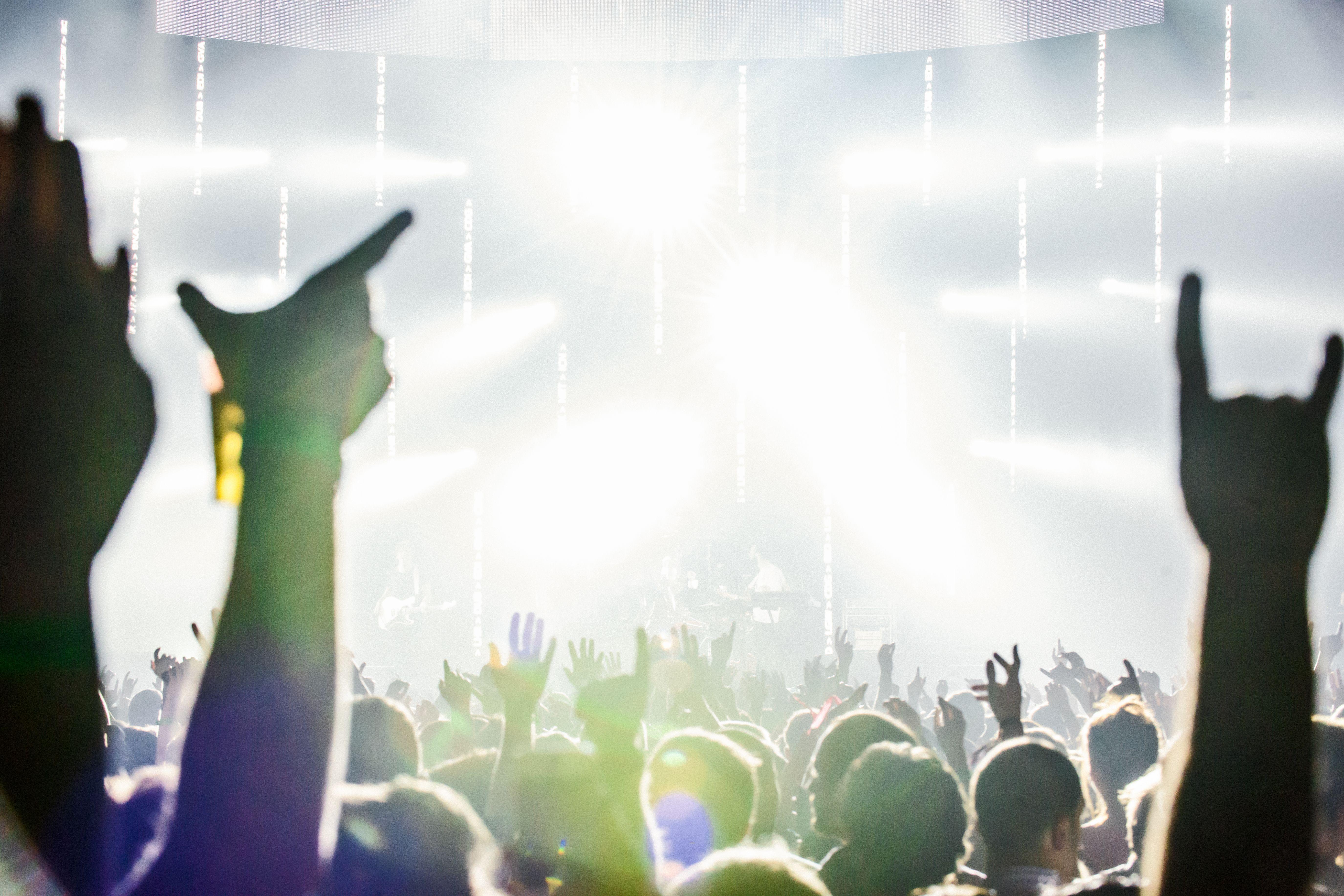 Dynamic crowd at a live concert with hands raised, celebrating music and energy.