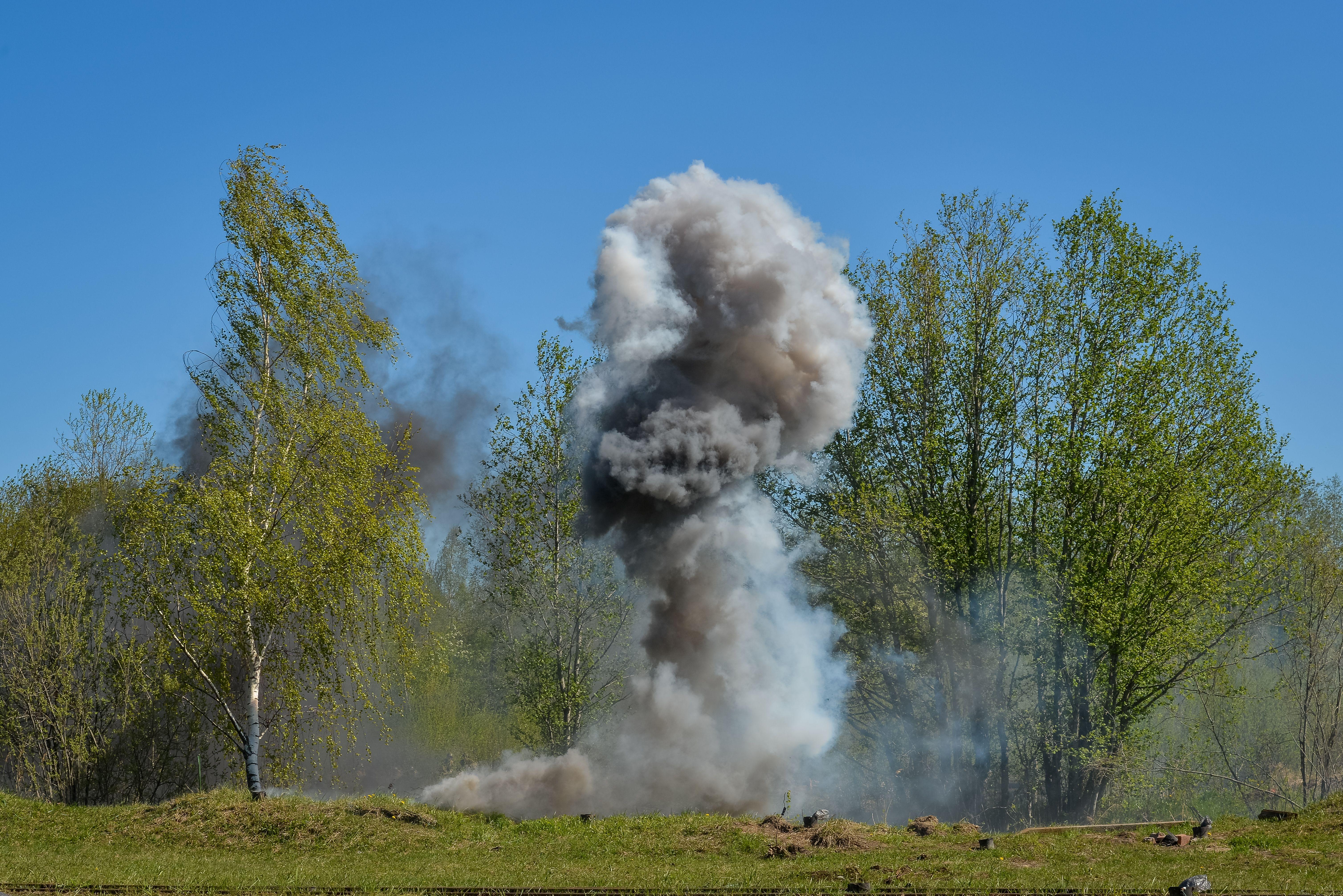 A powerful explosion creates a huge cloud of smoke against a backdrop of green trees, illustrating nature vs. destruction.
