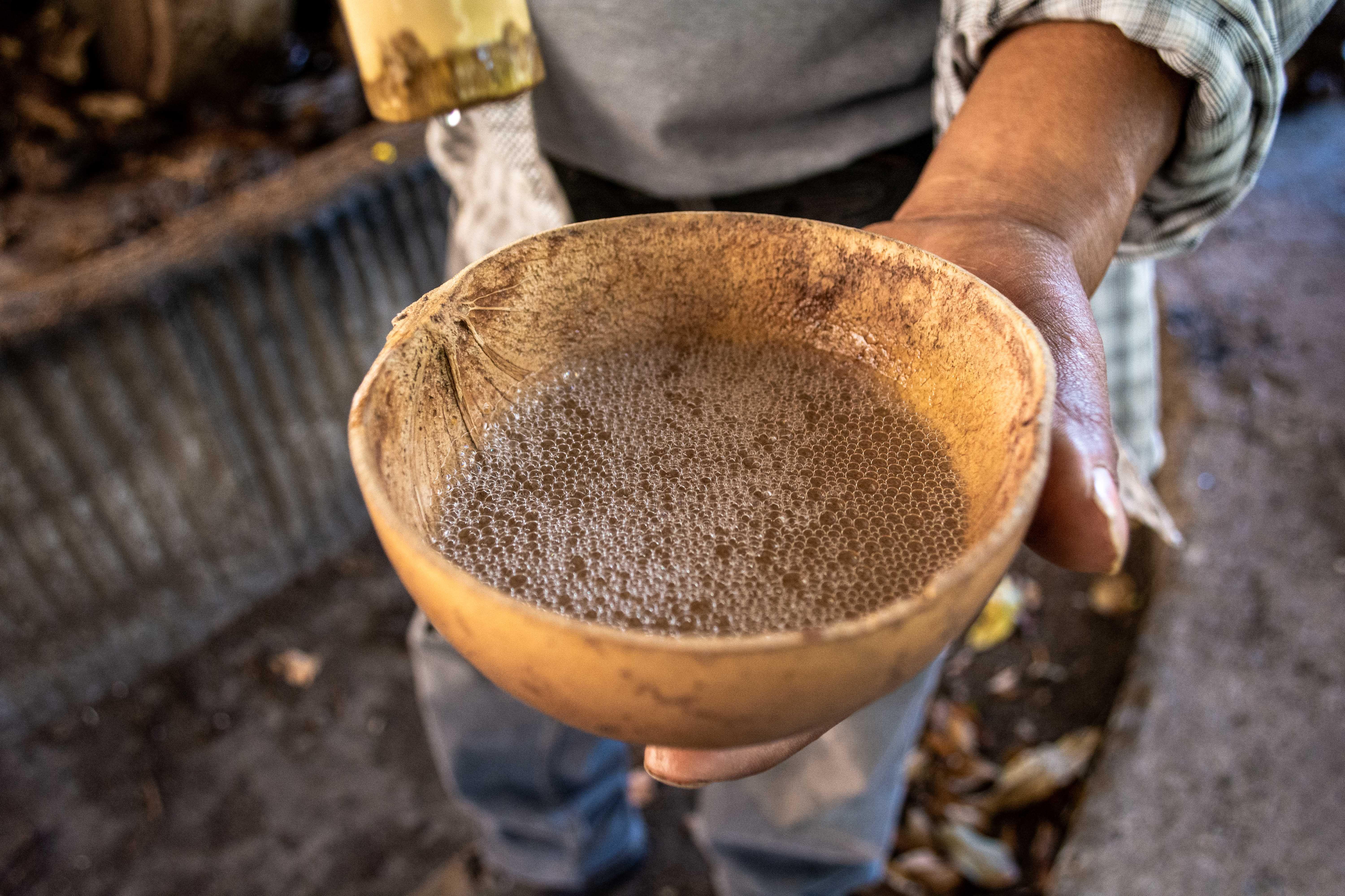 Traditional jicara filled with mezcal being held, showcasing cultural craftsmanship.