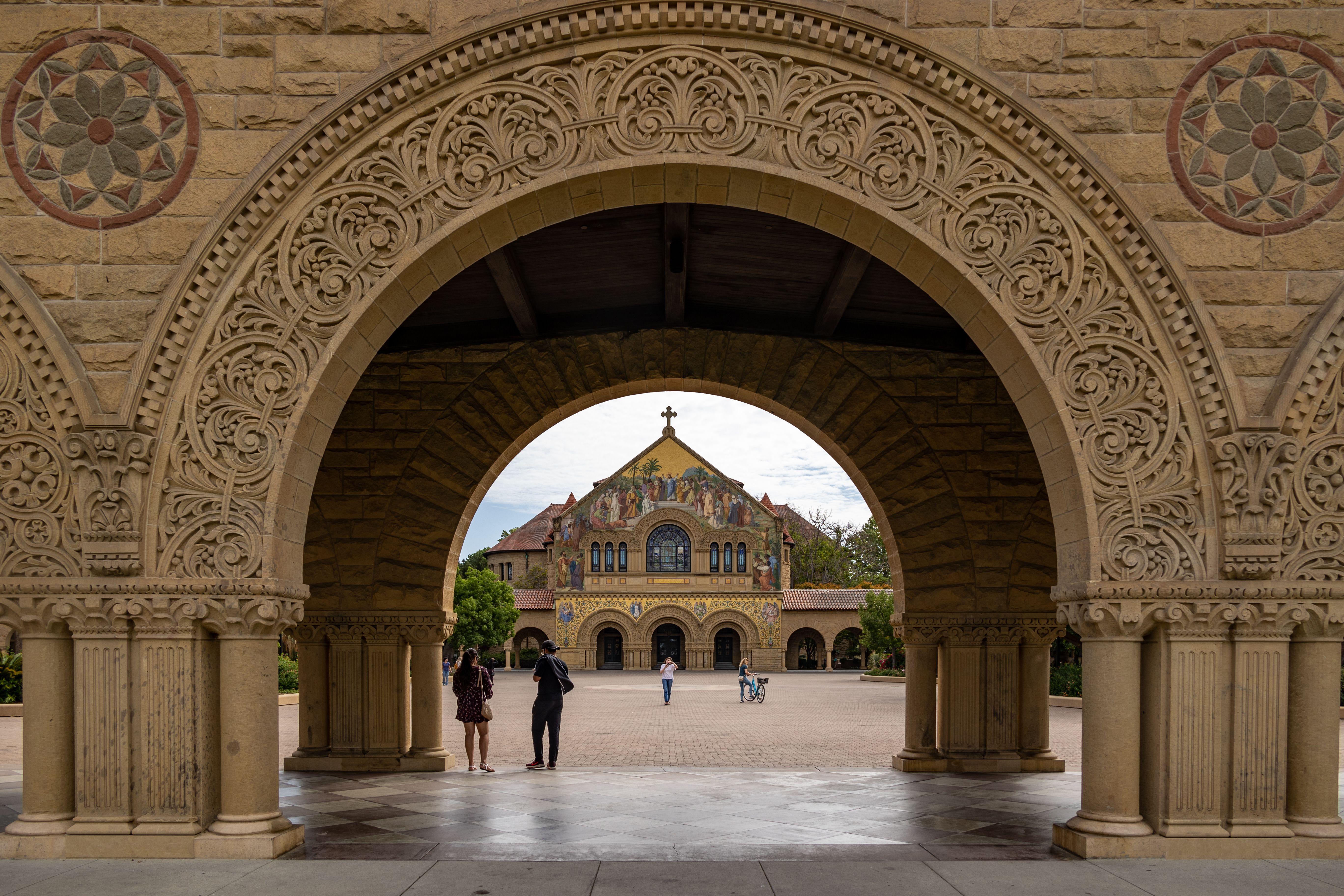 Intricate arches framing Stanford Memorial Church at Stanford University, California.