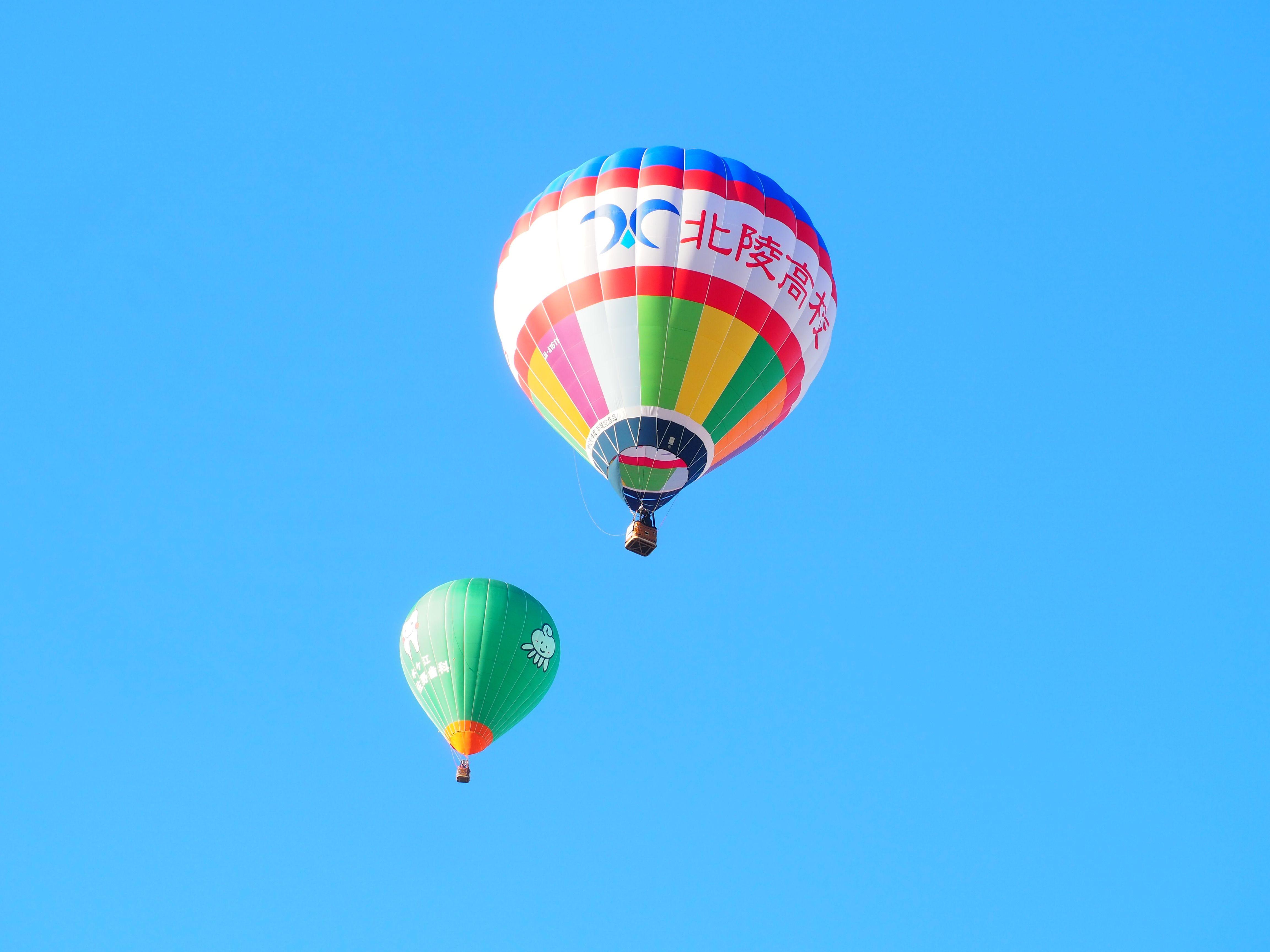 Vibrant hot air balloons floating gracefully in a clear blue sky, capturing a scenic flight moment.