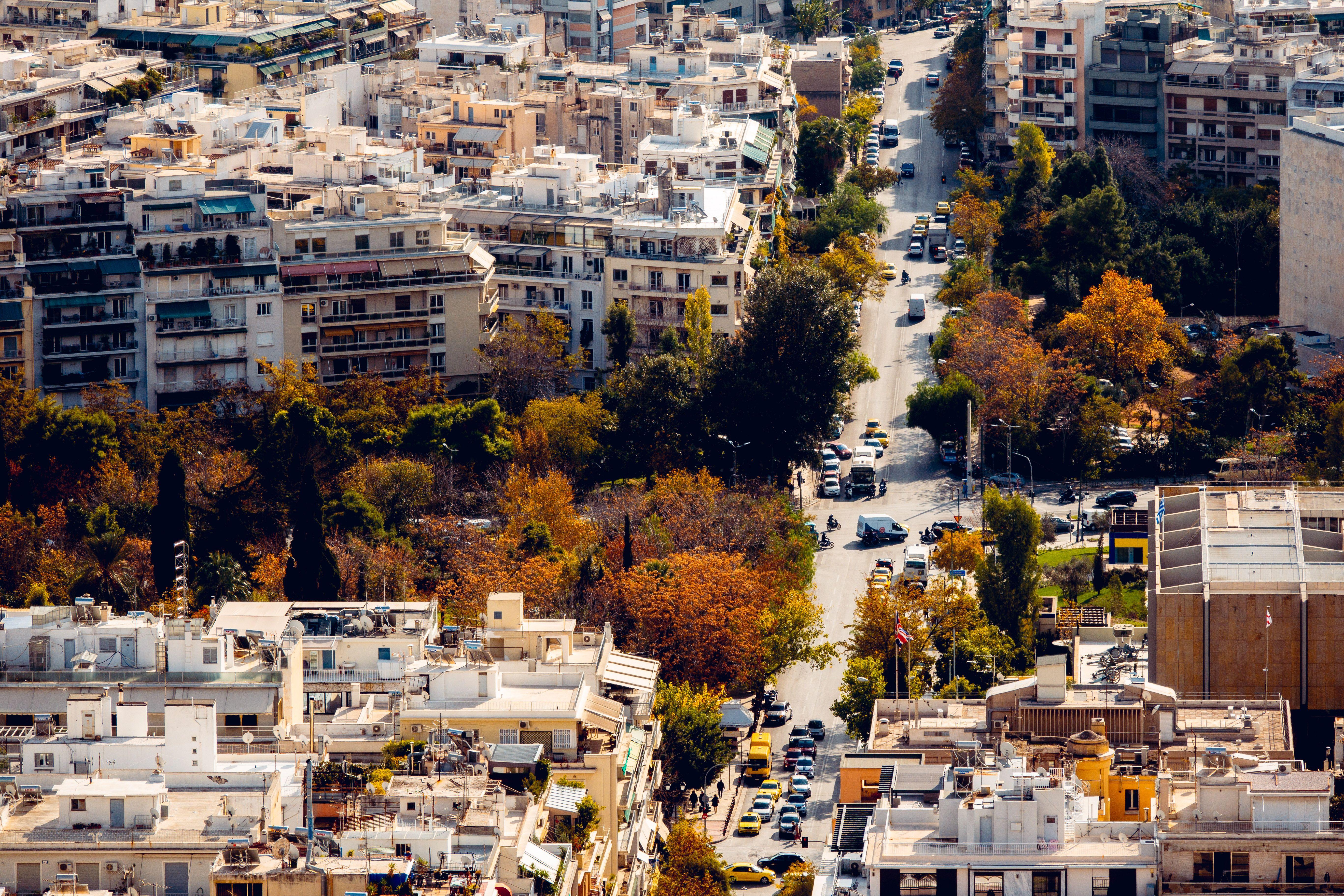 Stunning aerial view of Athens showing a vibrant cityscape with autumn colors.