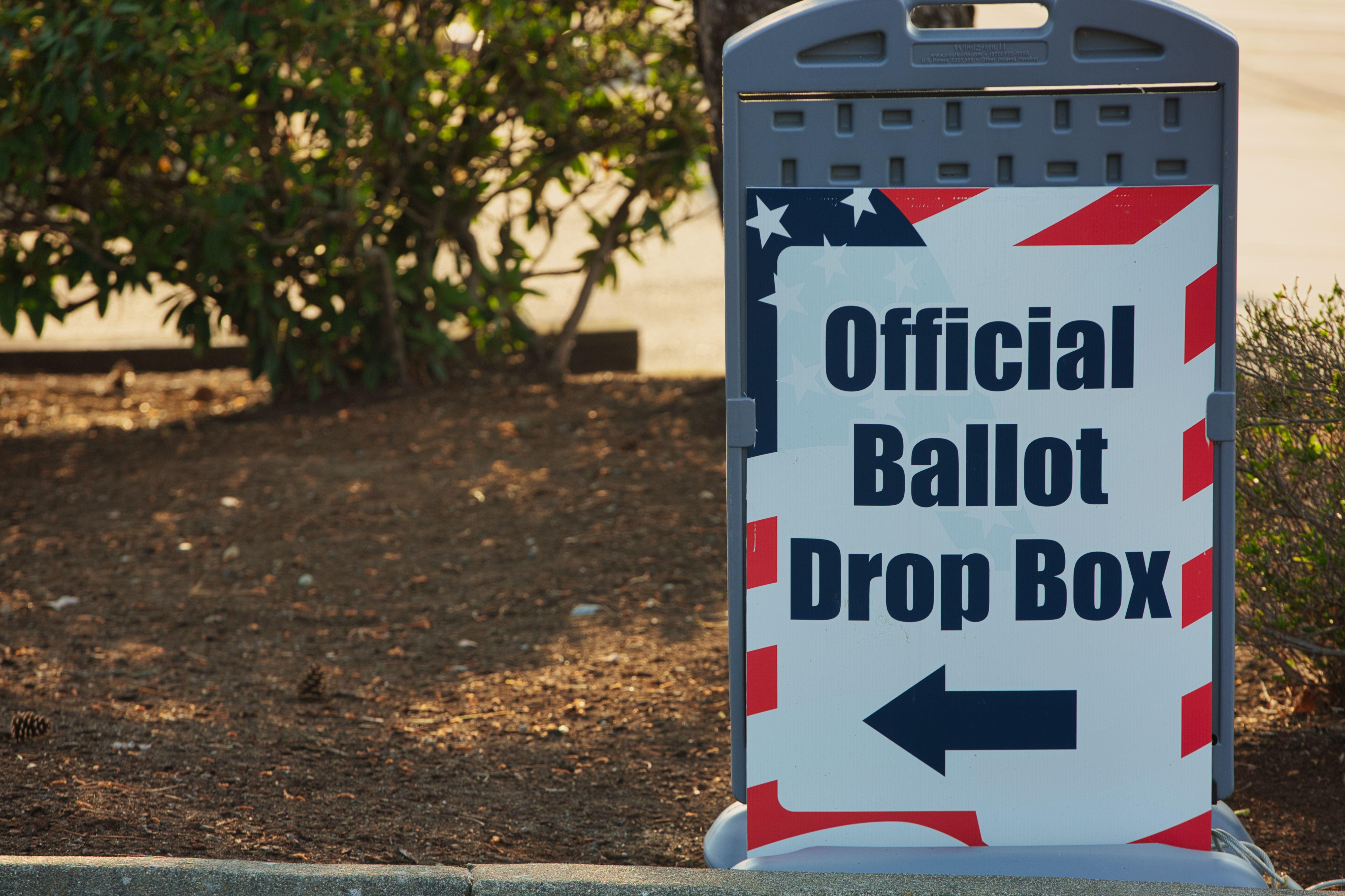 Photo of an official ballot drop box outside in Ferndale, WA, USA, during election season.
