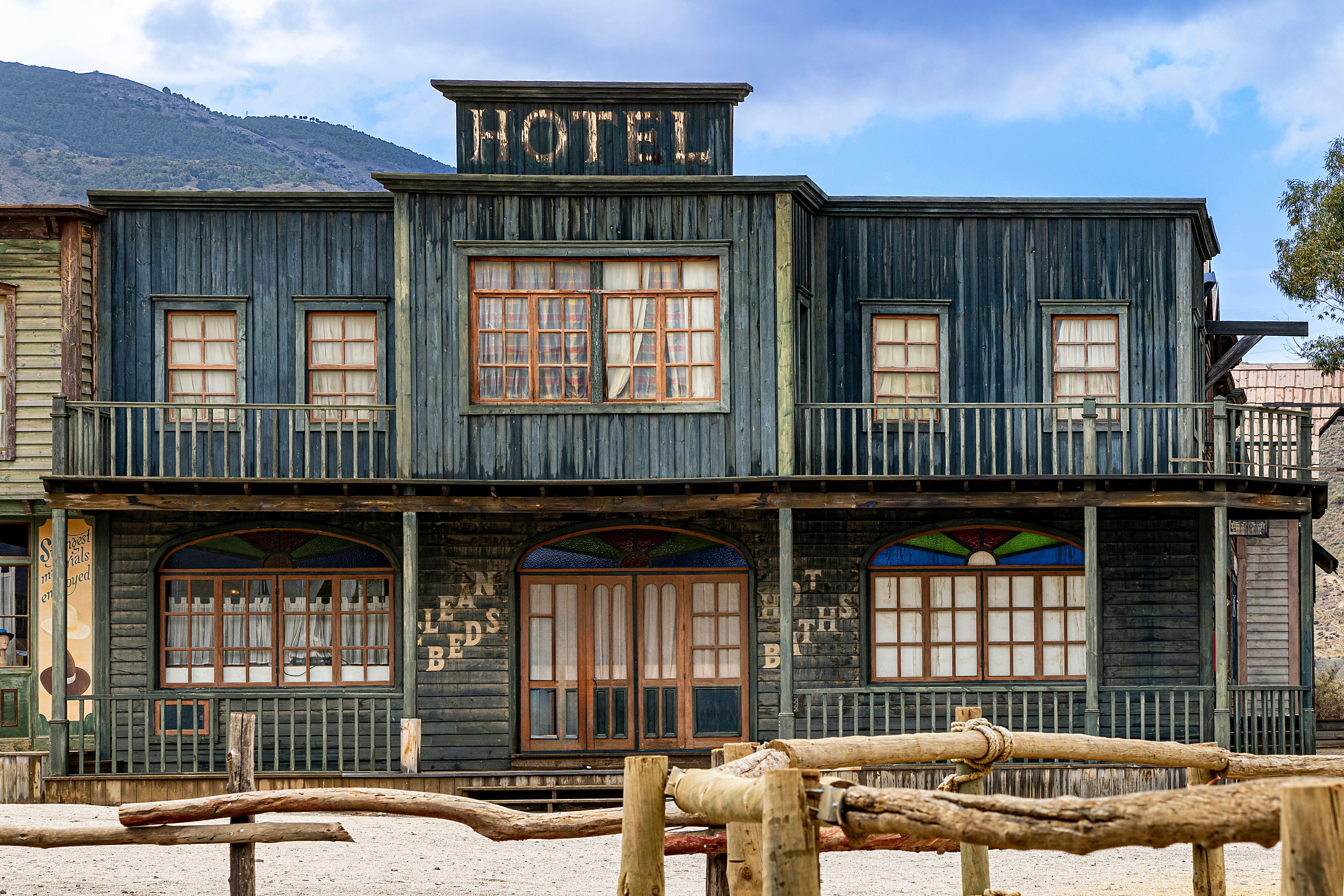 Rustic Western-style hotel facade in Tabernas, Spain showcases classic vintage architecture.