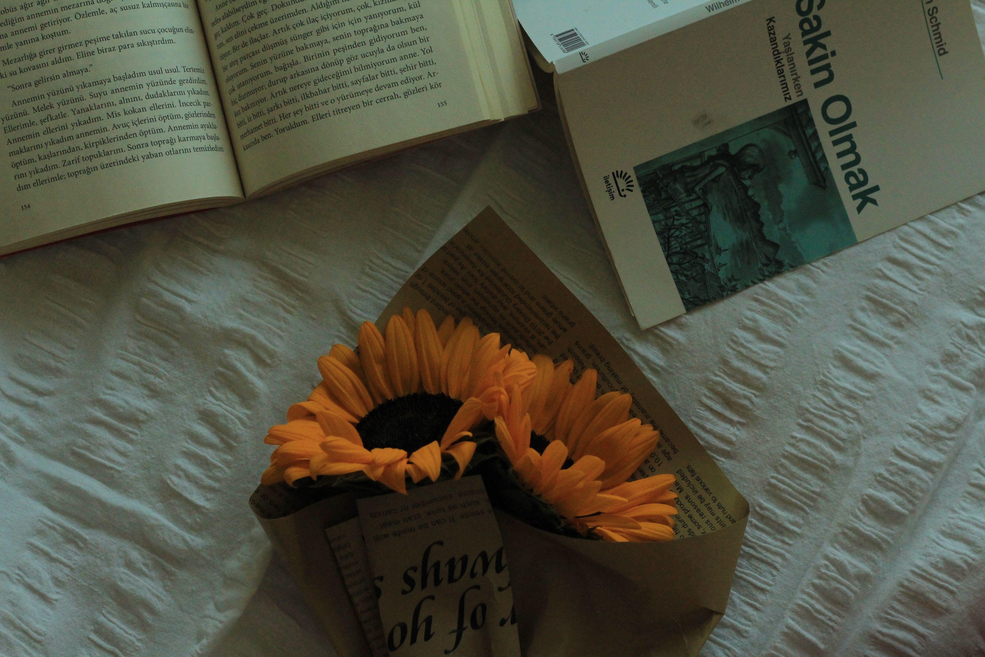 A serene still life of sunflowers and books on a soft fabric surface.