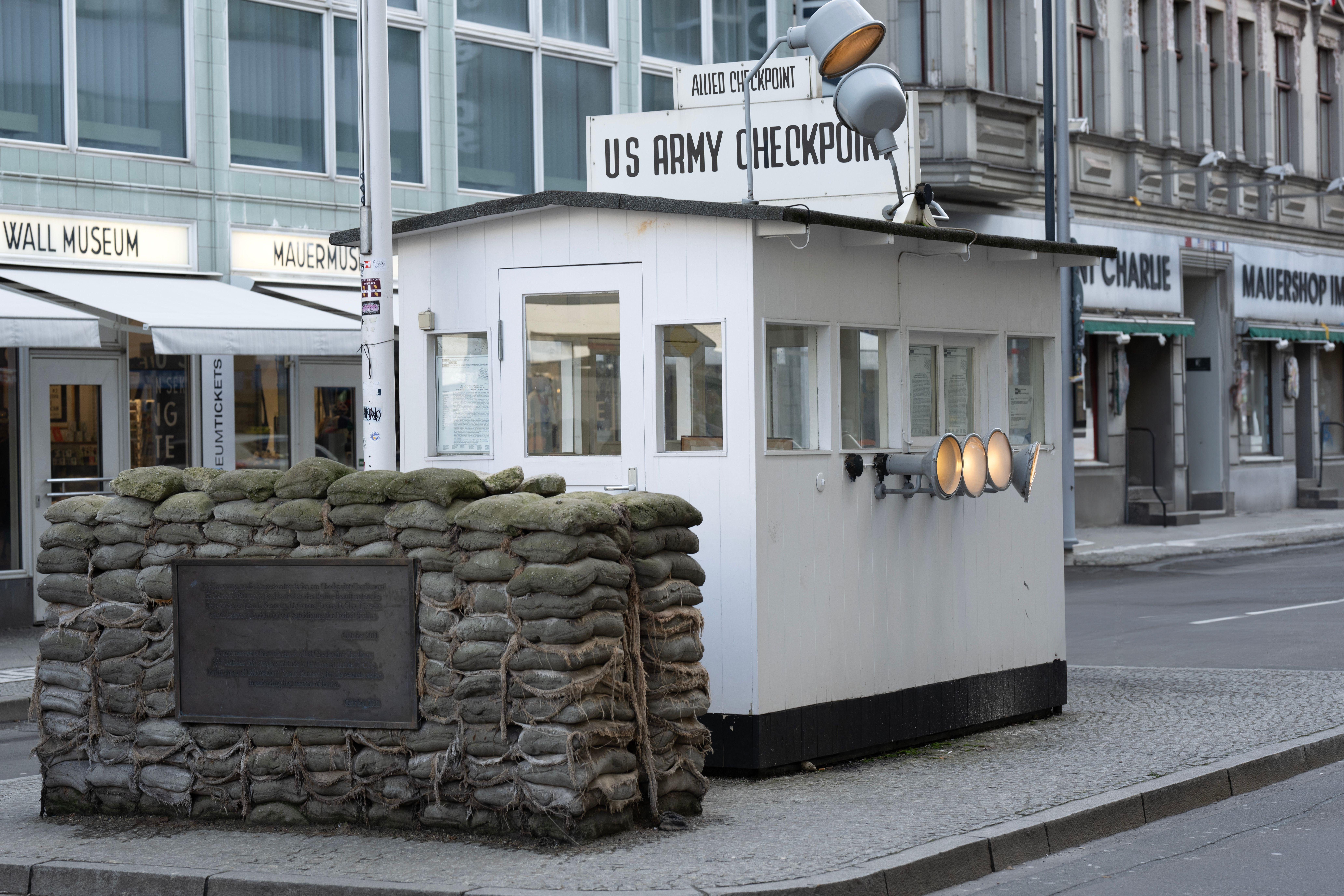 Historic US Army checkpoint at Berlin's Mauermuseum near former Berlin Wall.