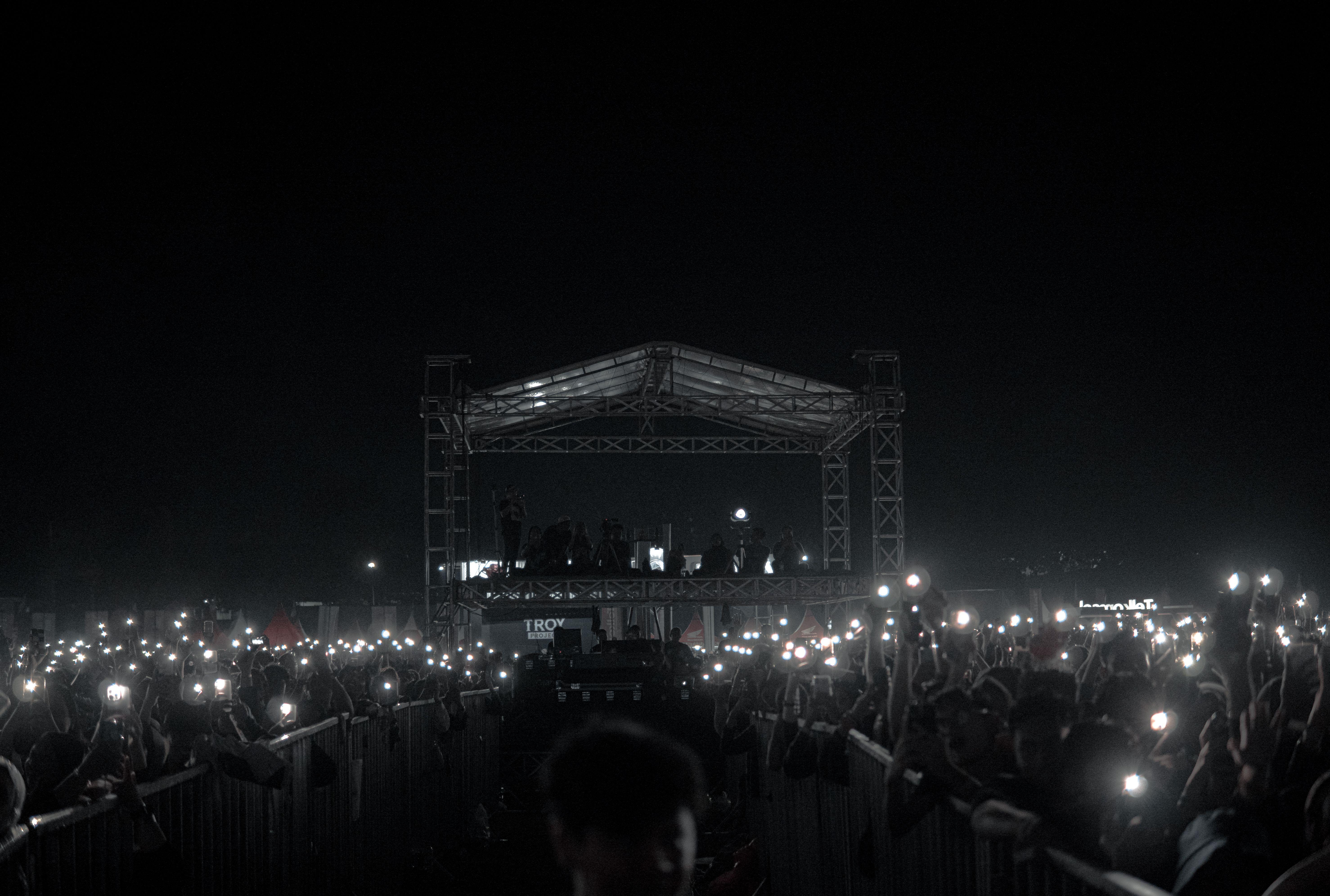 A captivating night concert with a crowd holding phone lights, creating a starry ambiance.