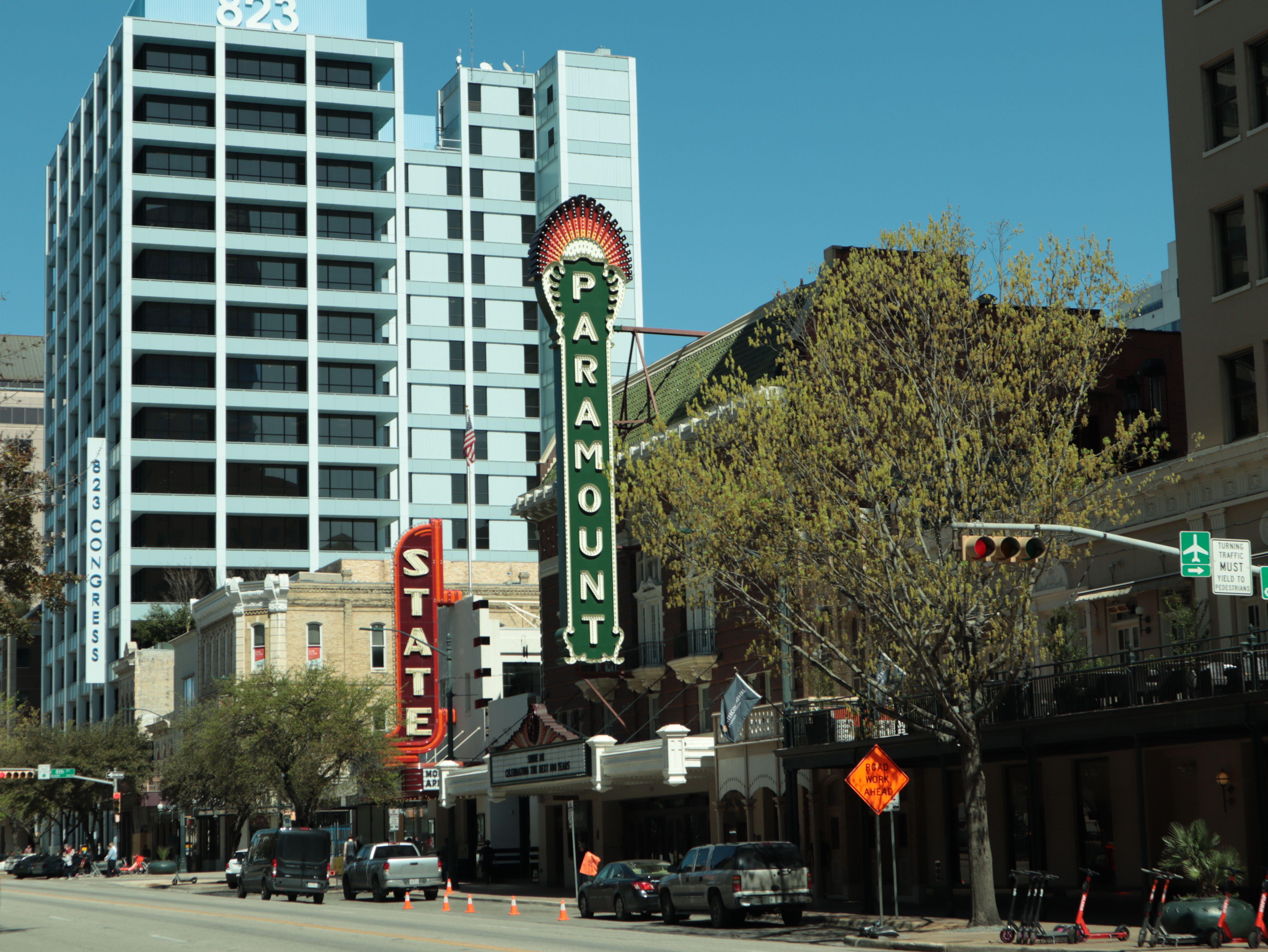 Street view of the iconic Paramount Theatre on Congress Avenue in Austin, TX.