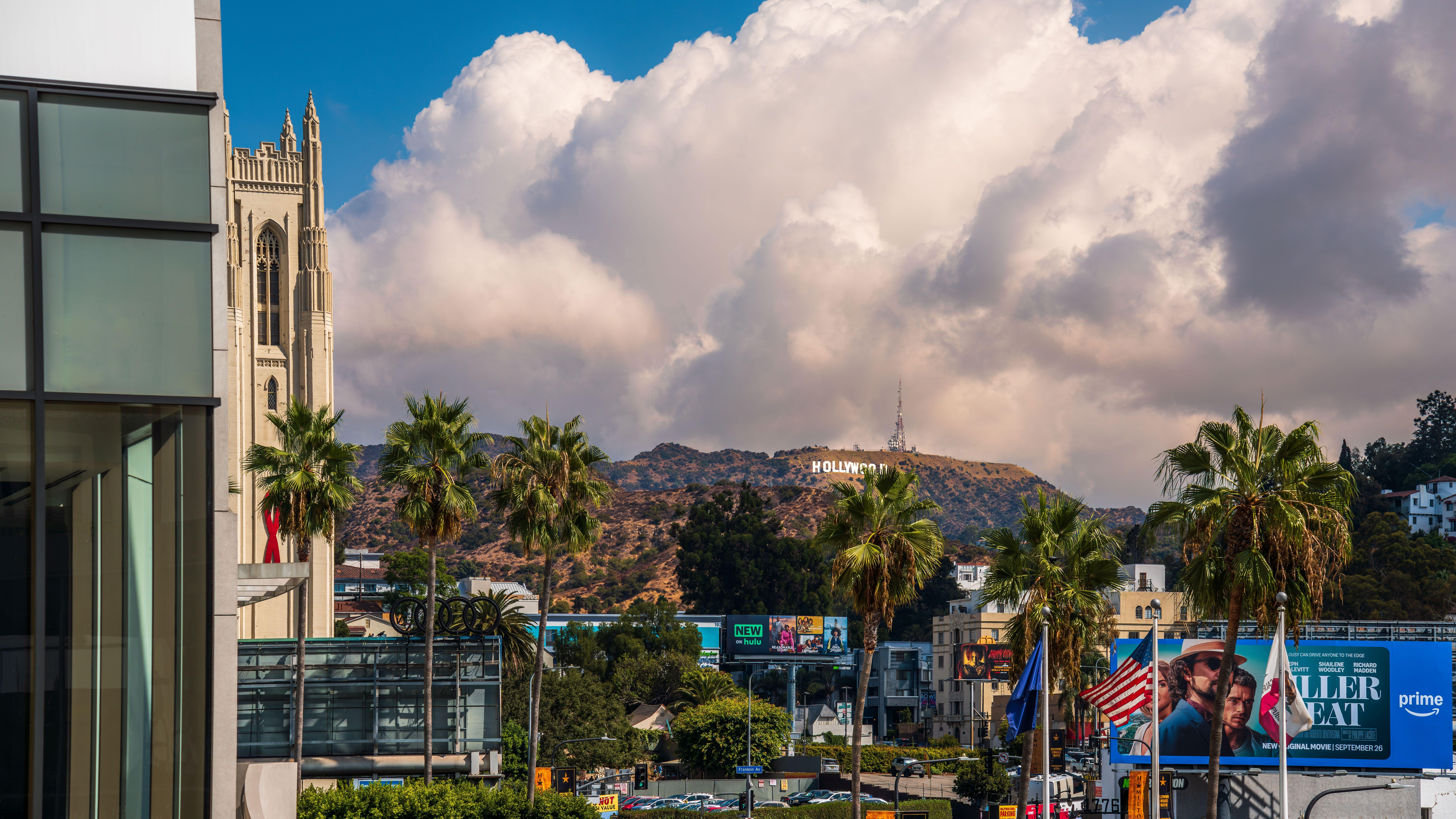 View of the Hollywood Sign with palm trees and city scene in West Hollywood, California.