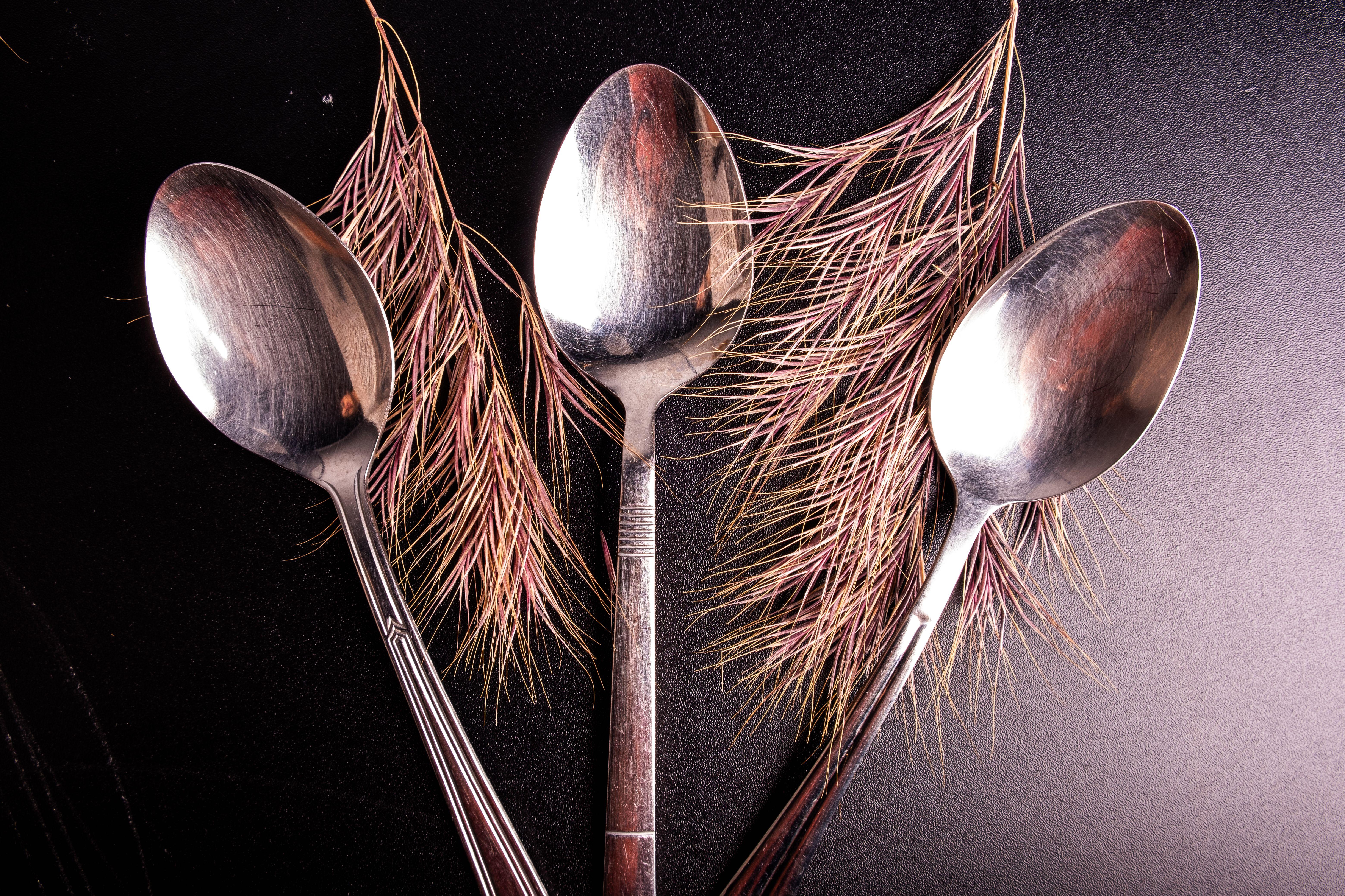 Three metallic spoons creatively arranged with pine leaves on a textured surface.