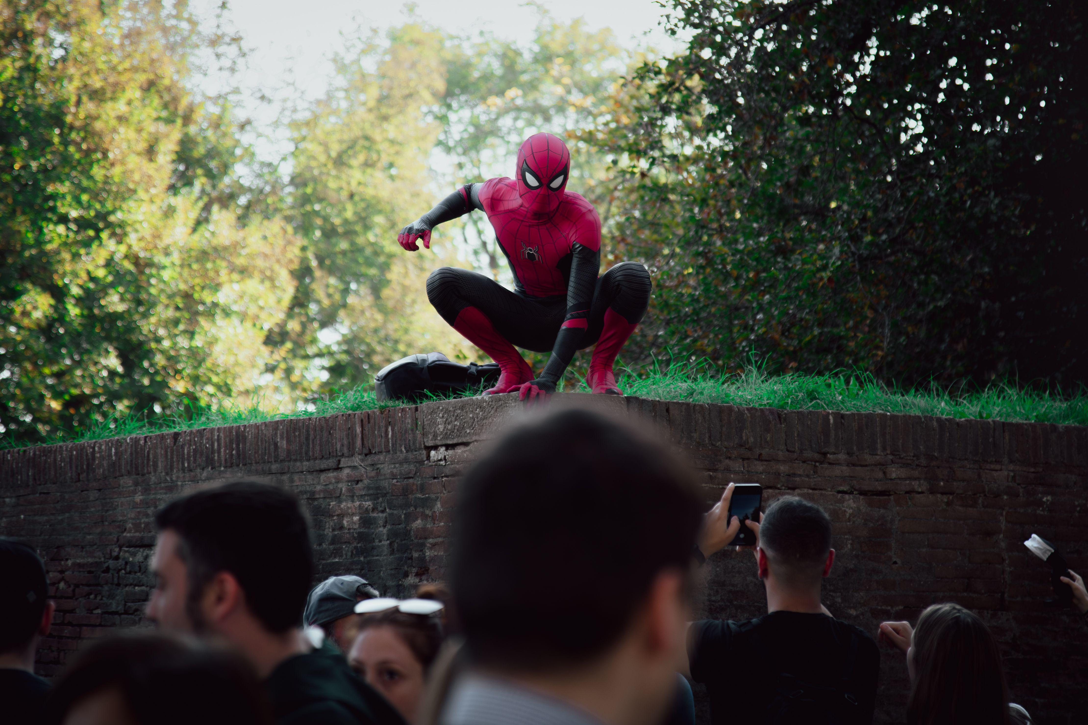 Spider-Man cosplayer posing for photos at an outdoor event, attracting a lively crowd.