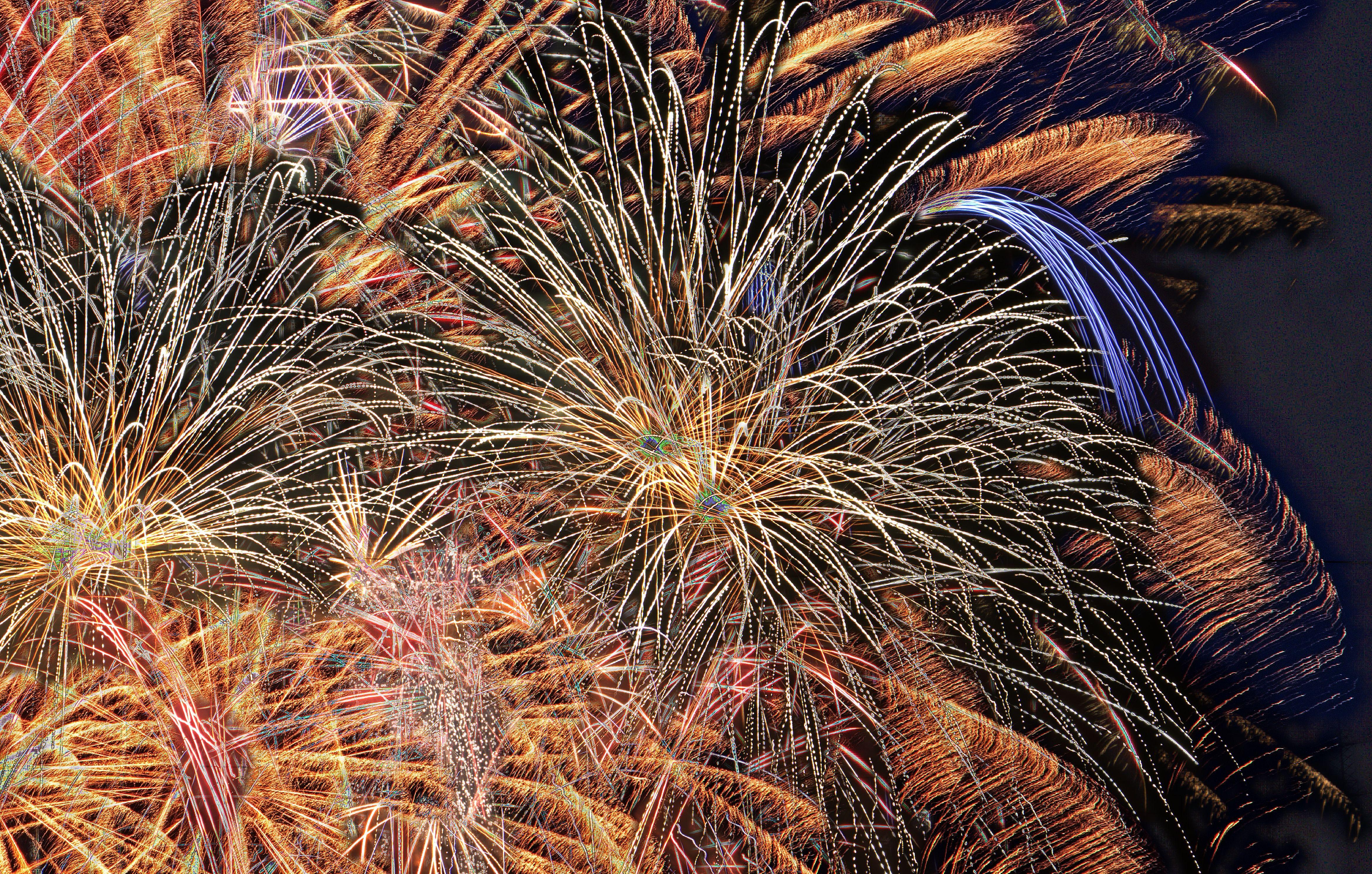 Colorful fireworks burst in the night, creating a dazzling display of light and color.