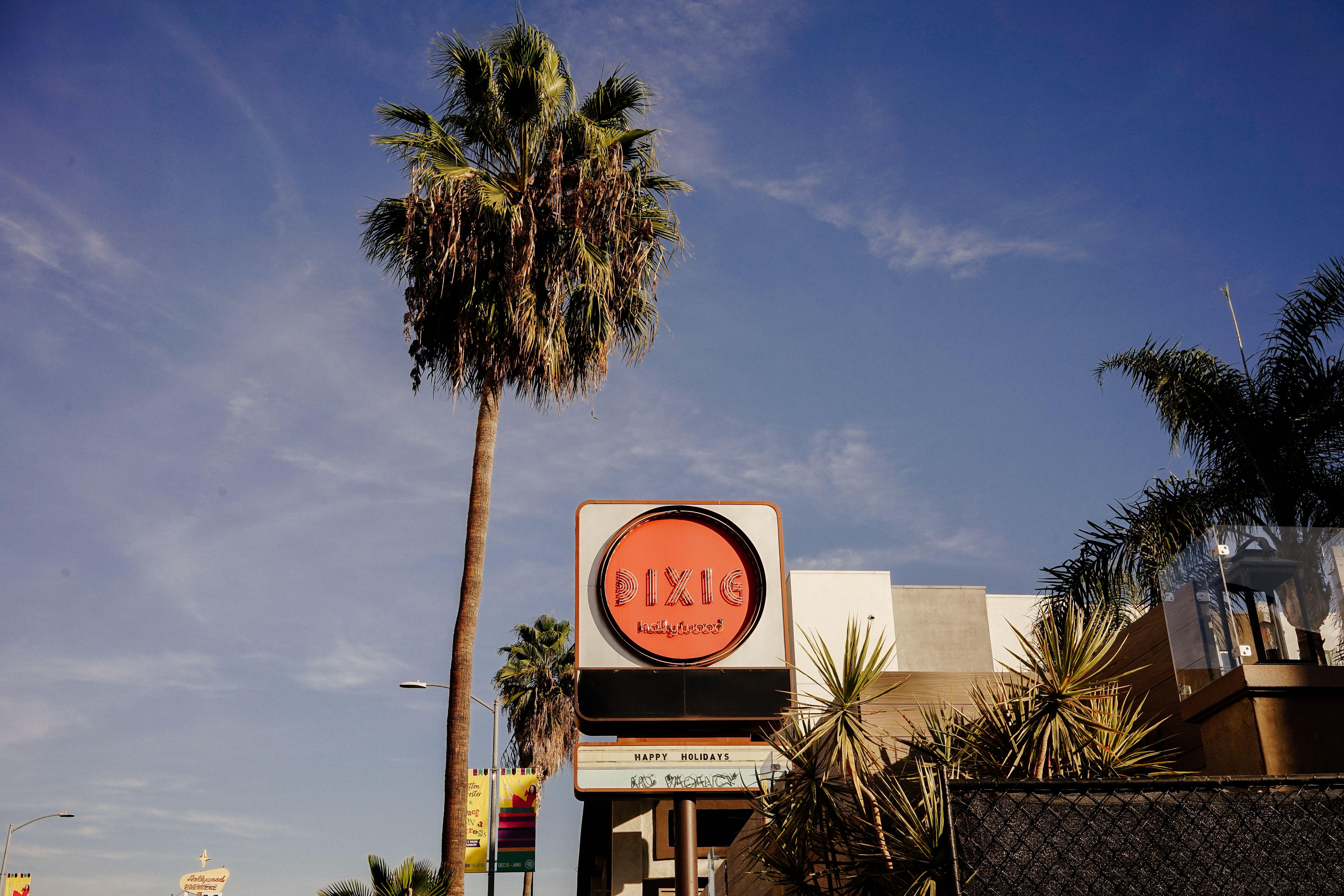 Sunny day showcasing iconic Dixie Hollywood signage with palm trees and clear blue sky.