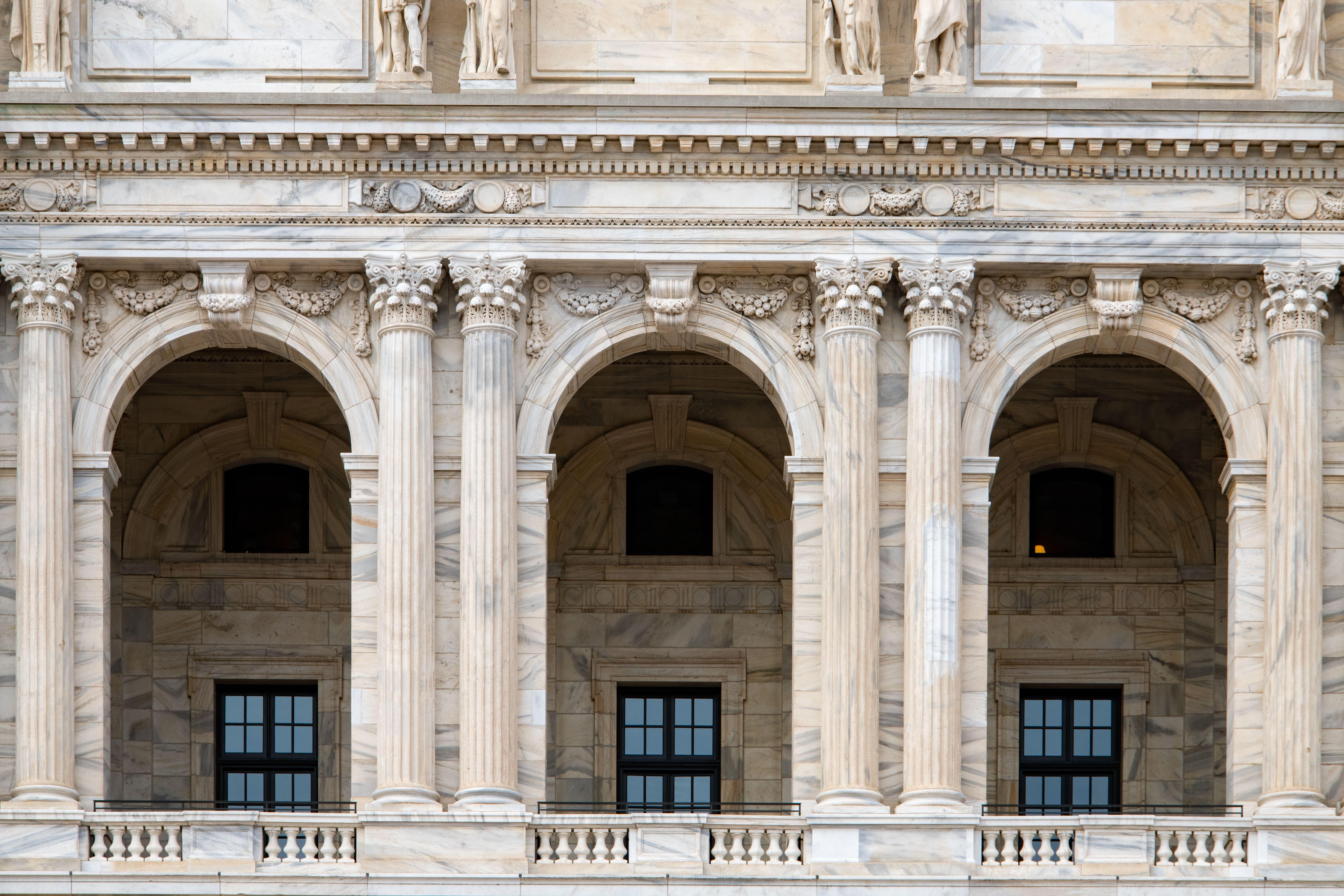 Close-up of the ornate archways and columns at the Minnesota State Capitol building.