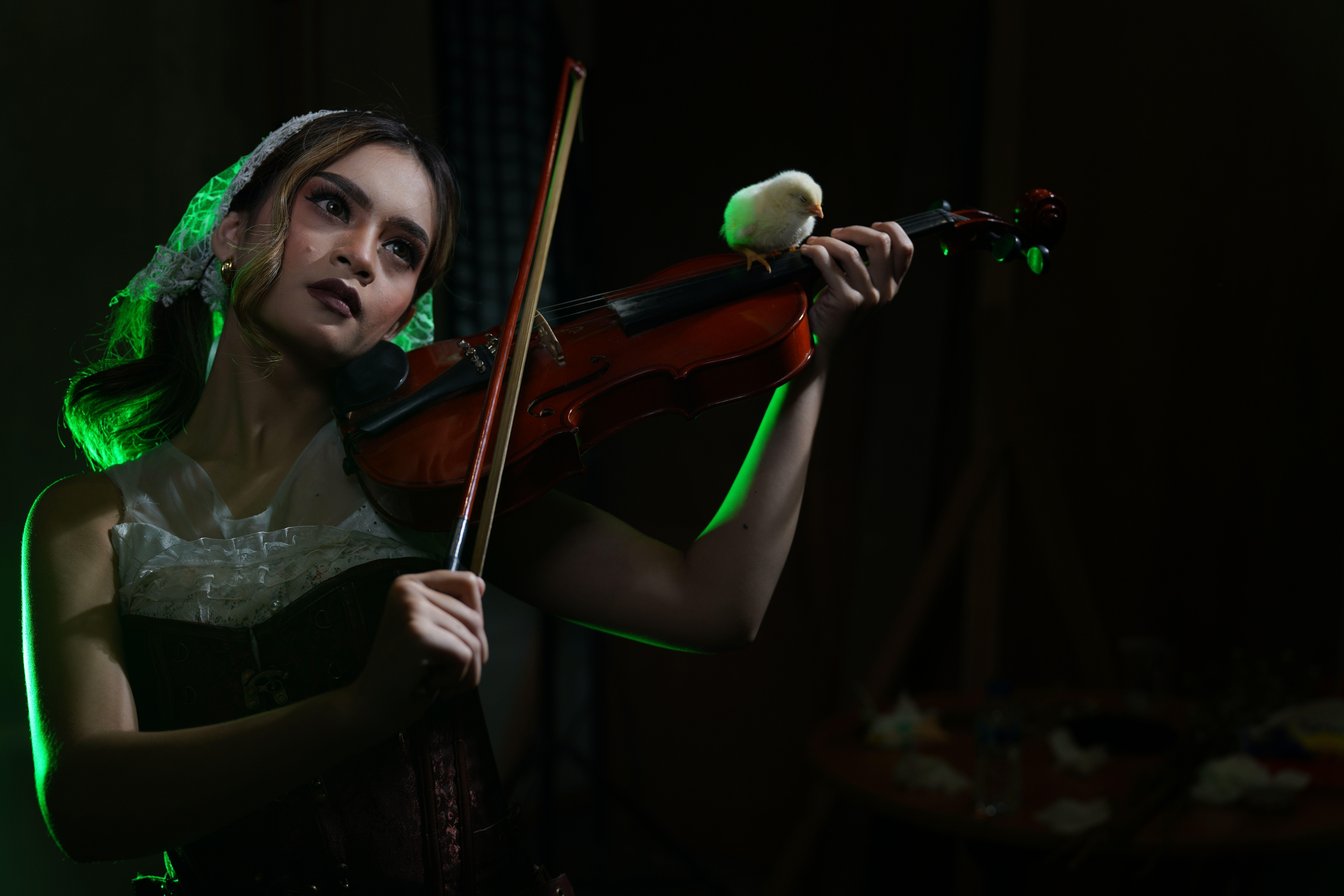 Stunning portrait of a woman playing violin with a chick, captured in dramatic lighting.