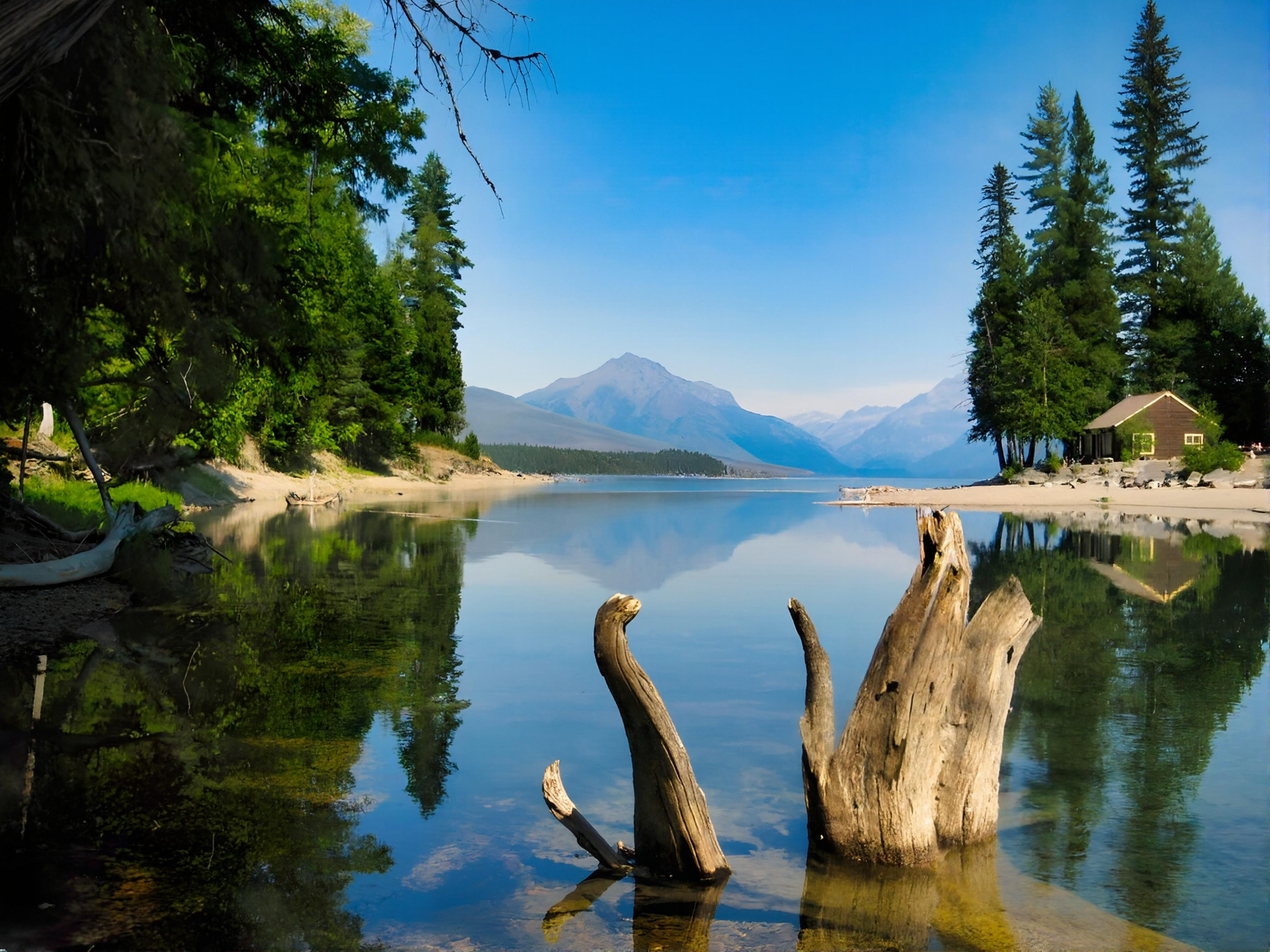 A tranquil mountain lake scene with reflections of trees and mountains, ideal for peaceful landscapes.