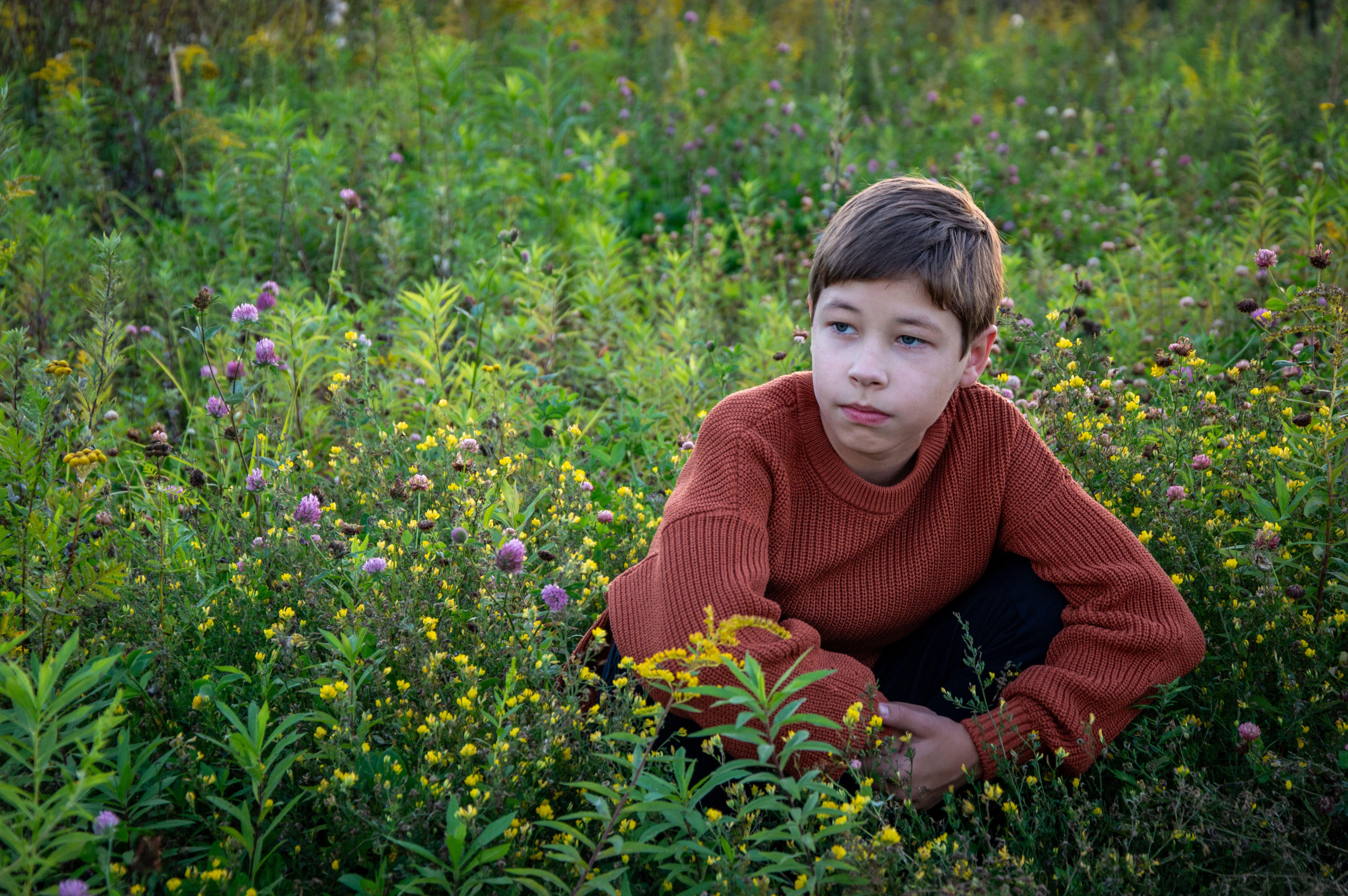 A young boy in an orange sweater sits amid vibrant wildflowers in a peaceful meadow.