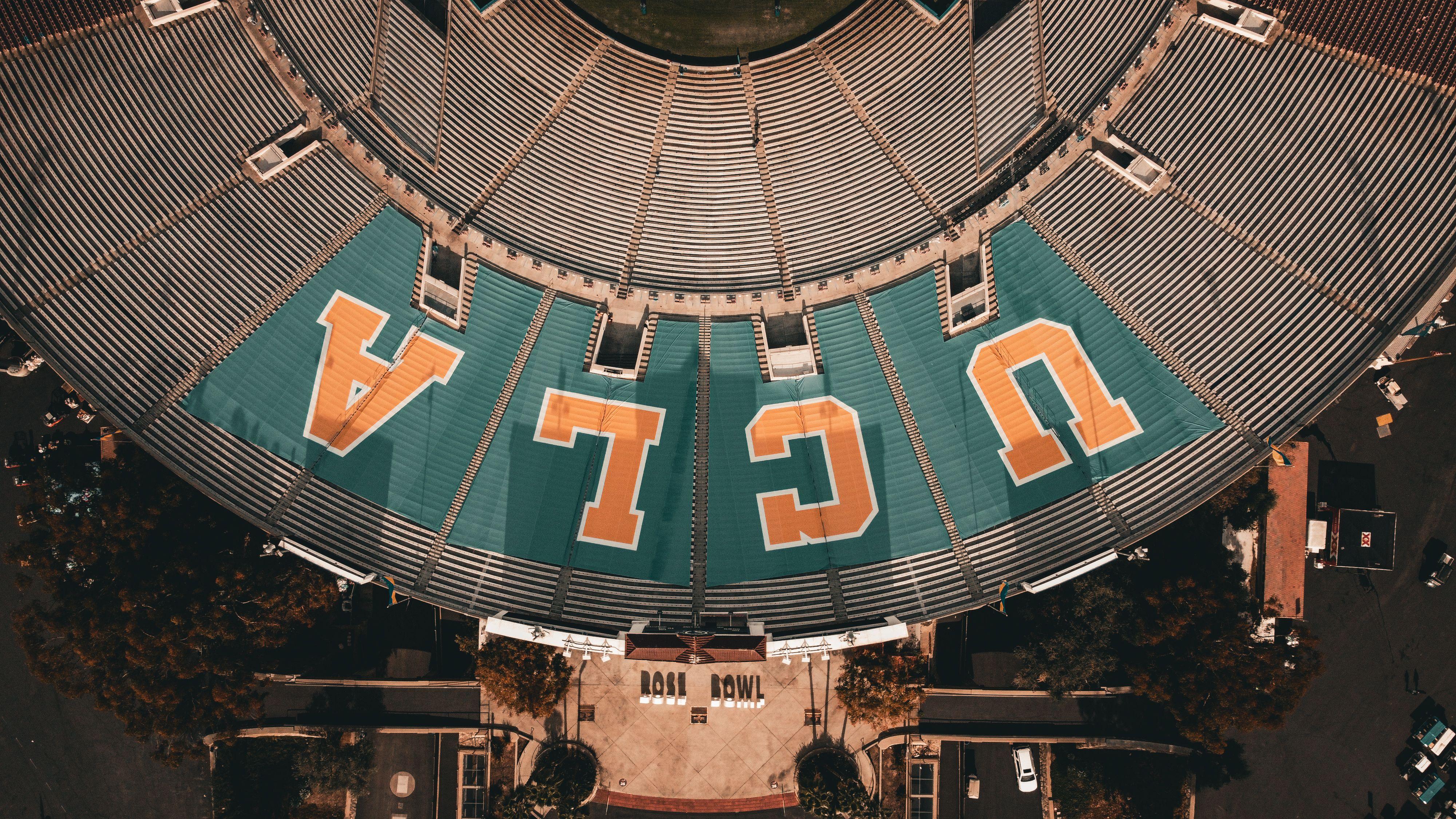 Stunning aerial image of the iconic UCLA Rose Bowl Stadium in Los Angeles, California.