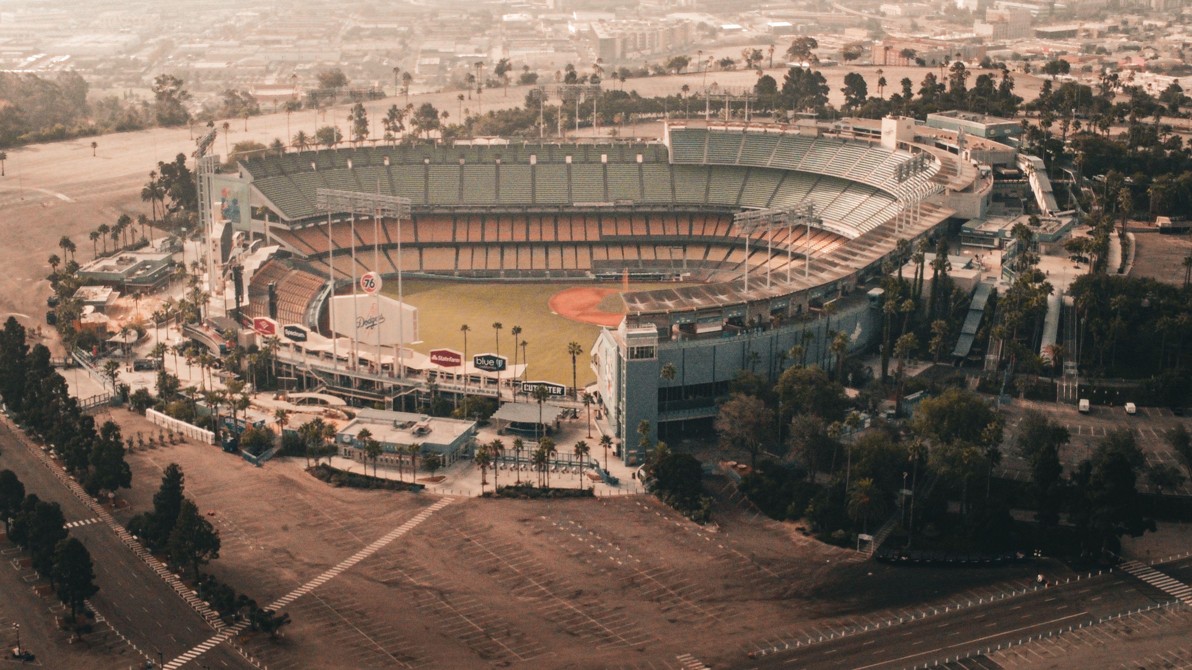 Aerial view of Dodger Stadium, a landmark baseball venue in Los Angeles.