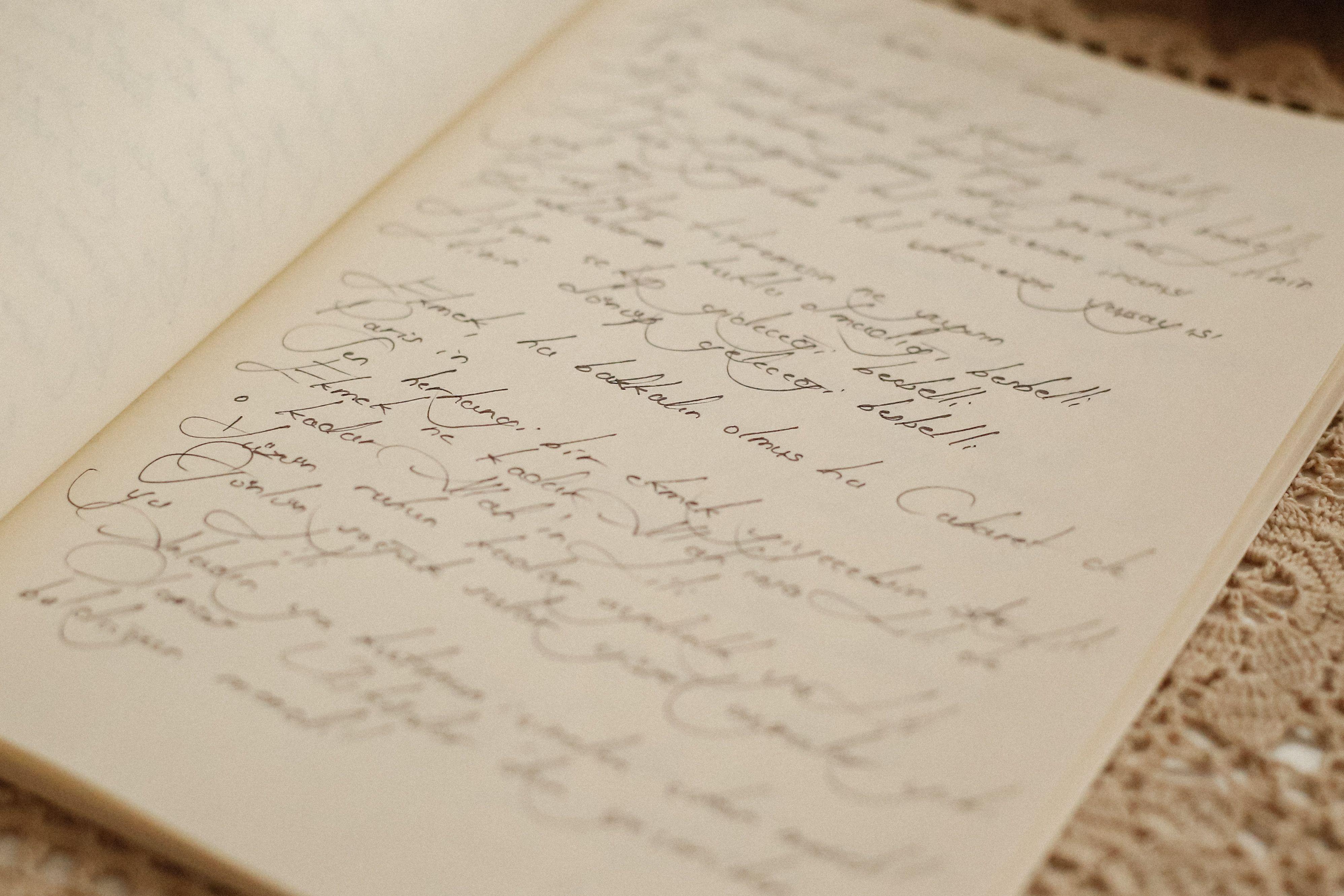 A vintage open journal with elegant handwritten script on a lace tablecloth.