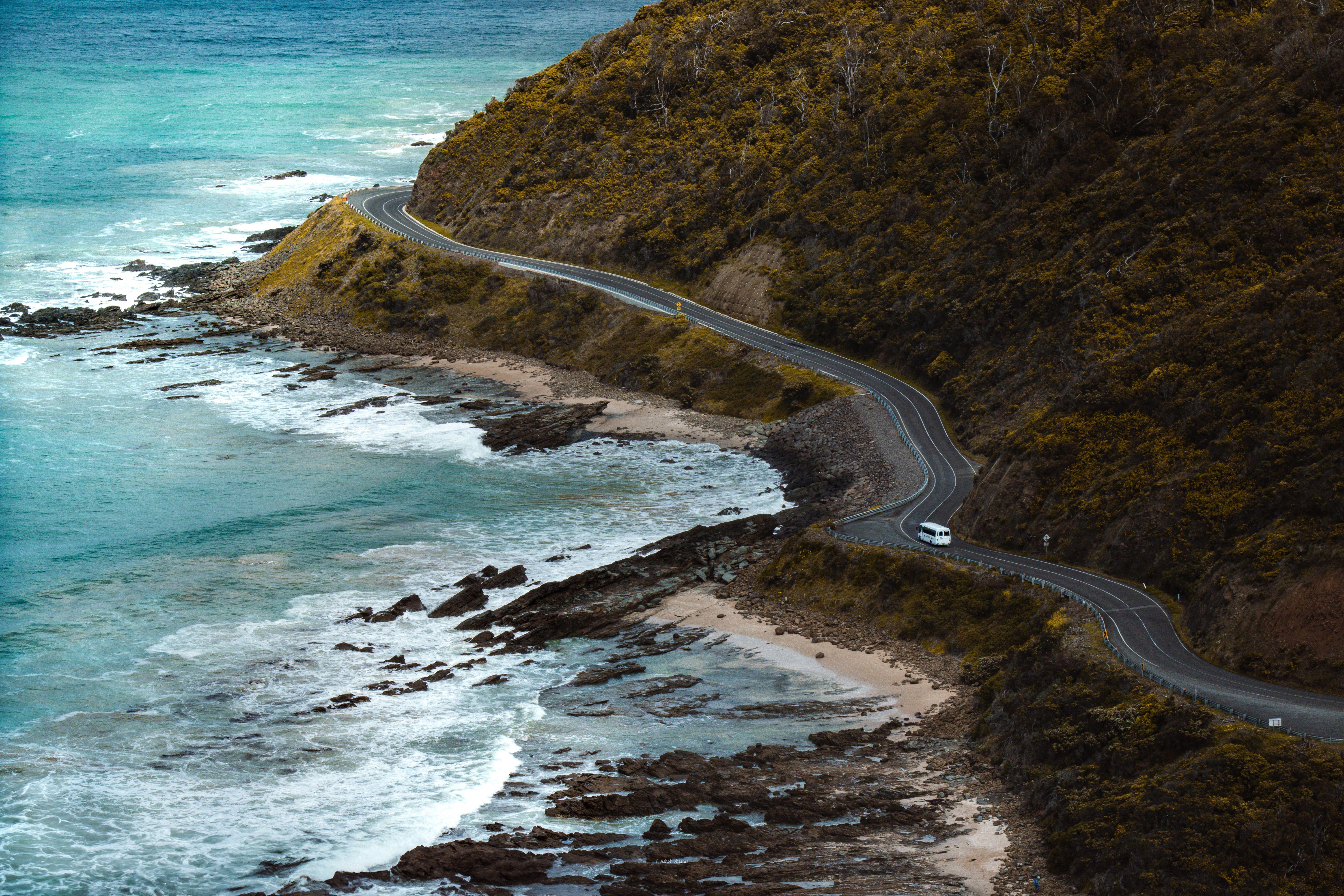 Aerial view of the picturesque Great Ocean Road in Lorne, Victoria, Australia.