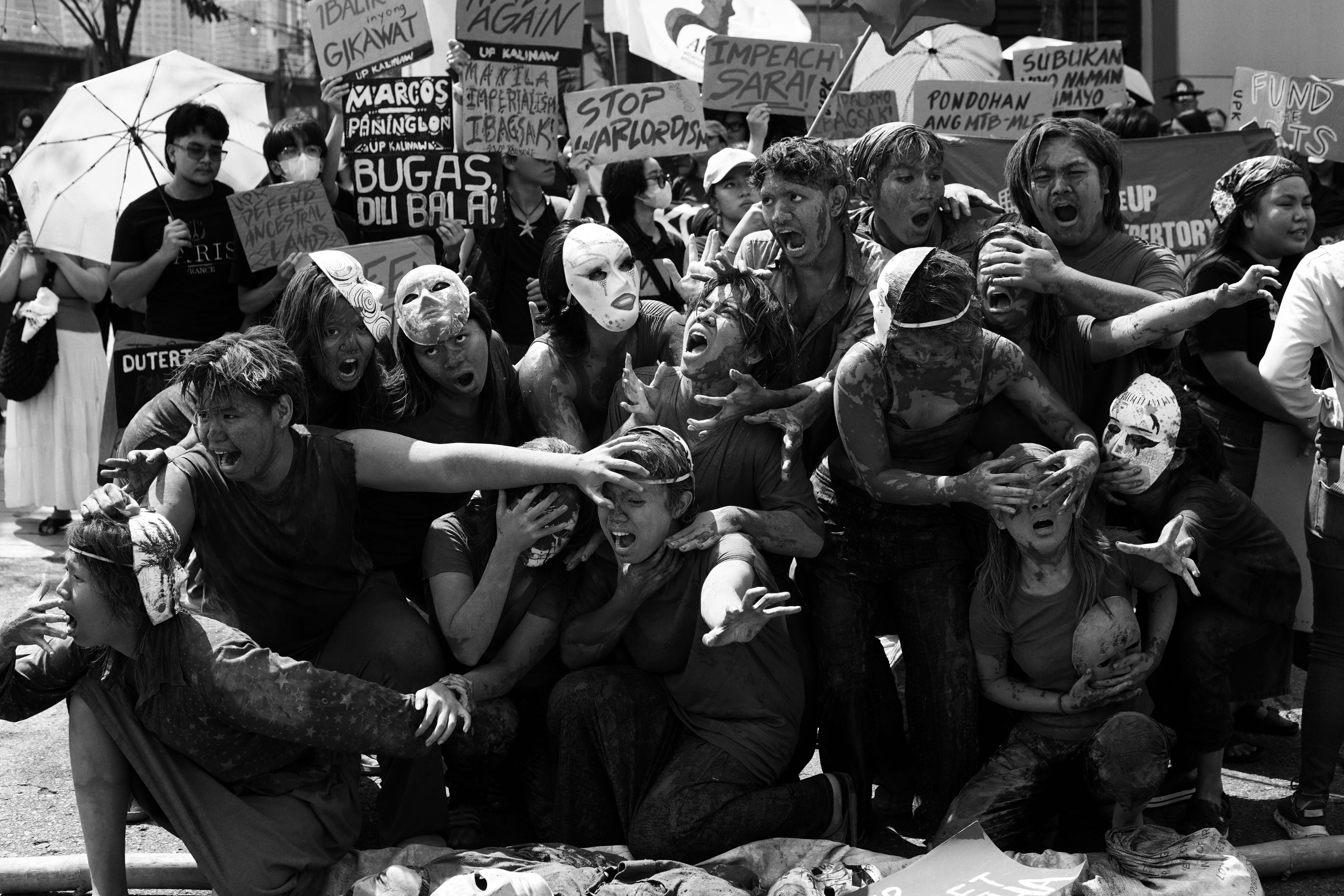 Vivid scene of protesters expressing emotion during a dynamic street demonstration.
