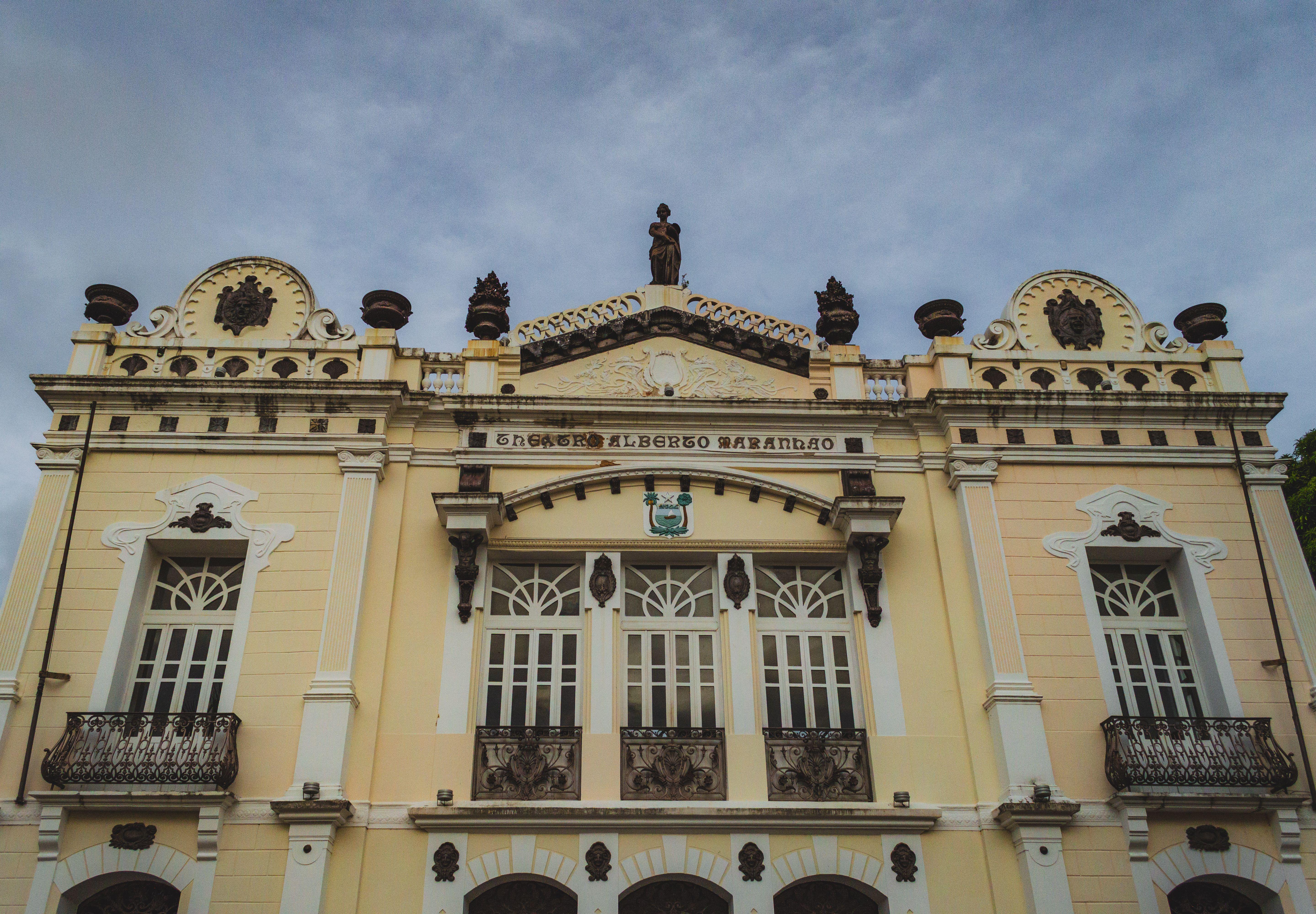Elegant façade of Teatro Alberto Maranhão in Natal, Brazil, showcasing colonial architecture.