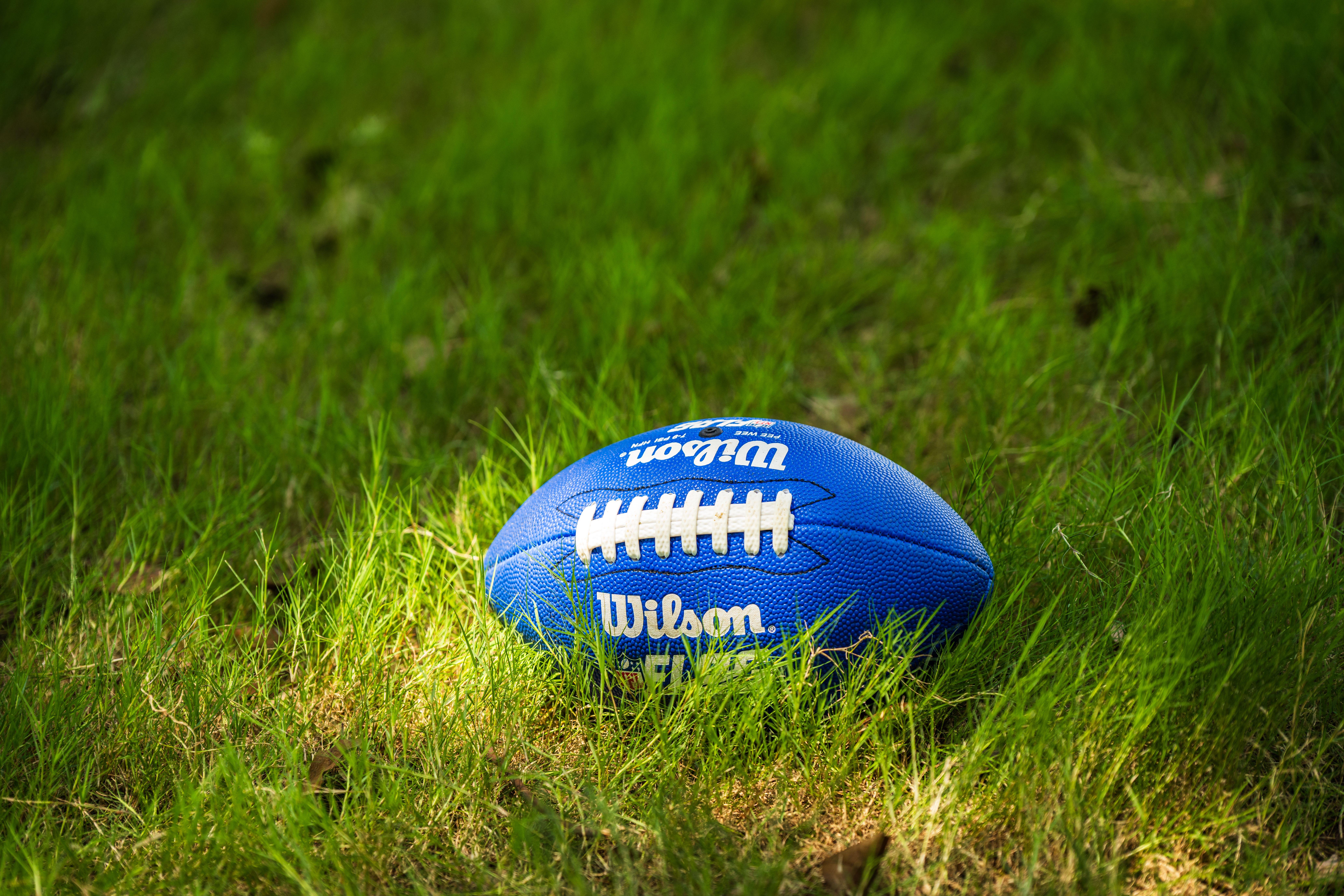 A bright blue Wilson football resting on a lush green grass field, illuminated by sunlight.