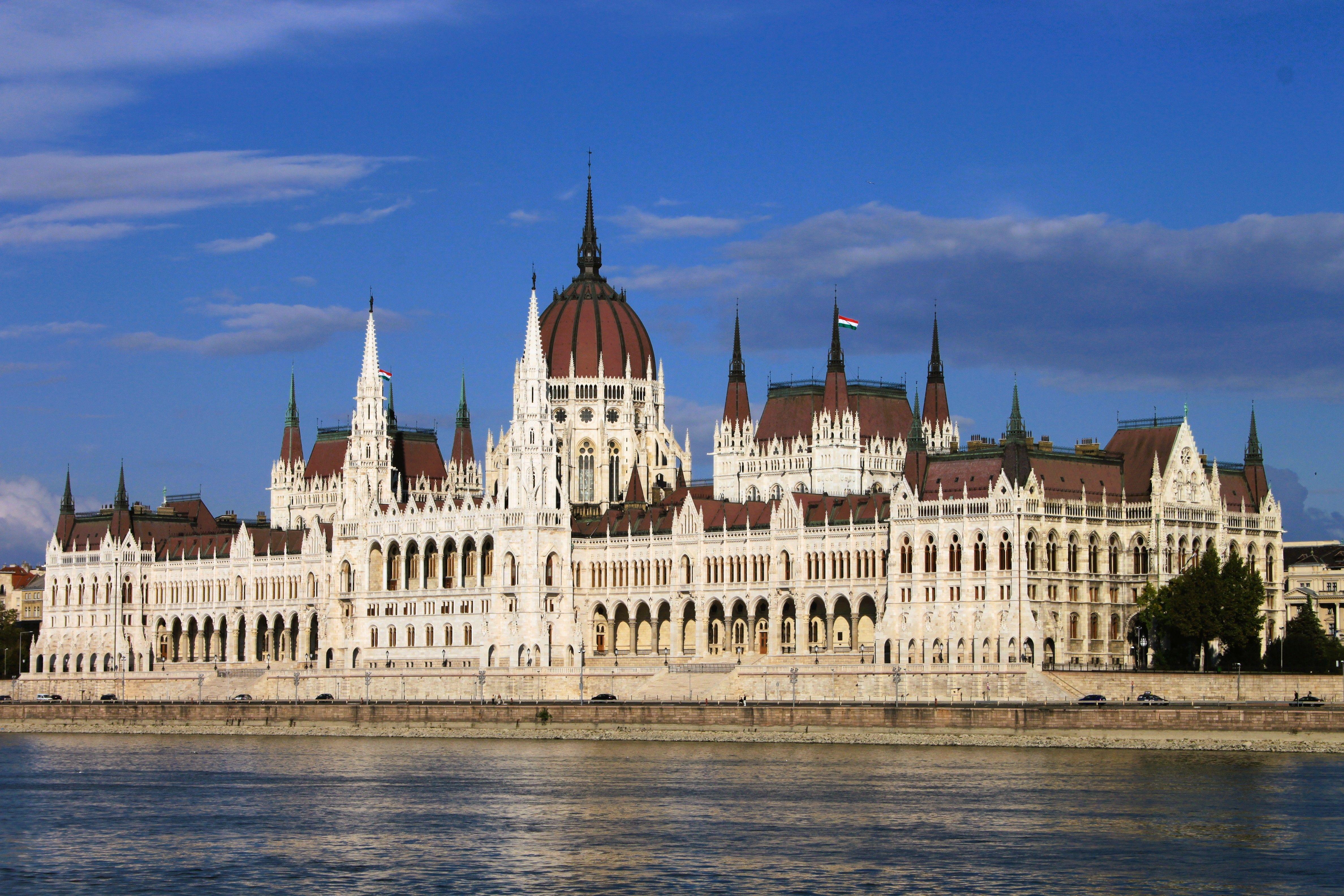 Stunning view of the Hungarian Parliament Building across the Danube River in Budapest.