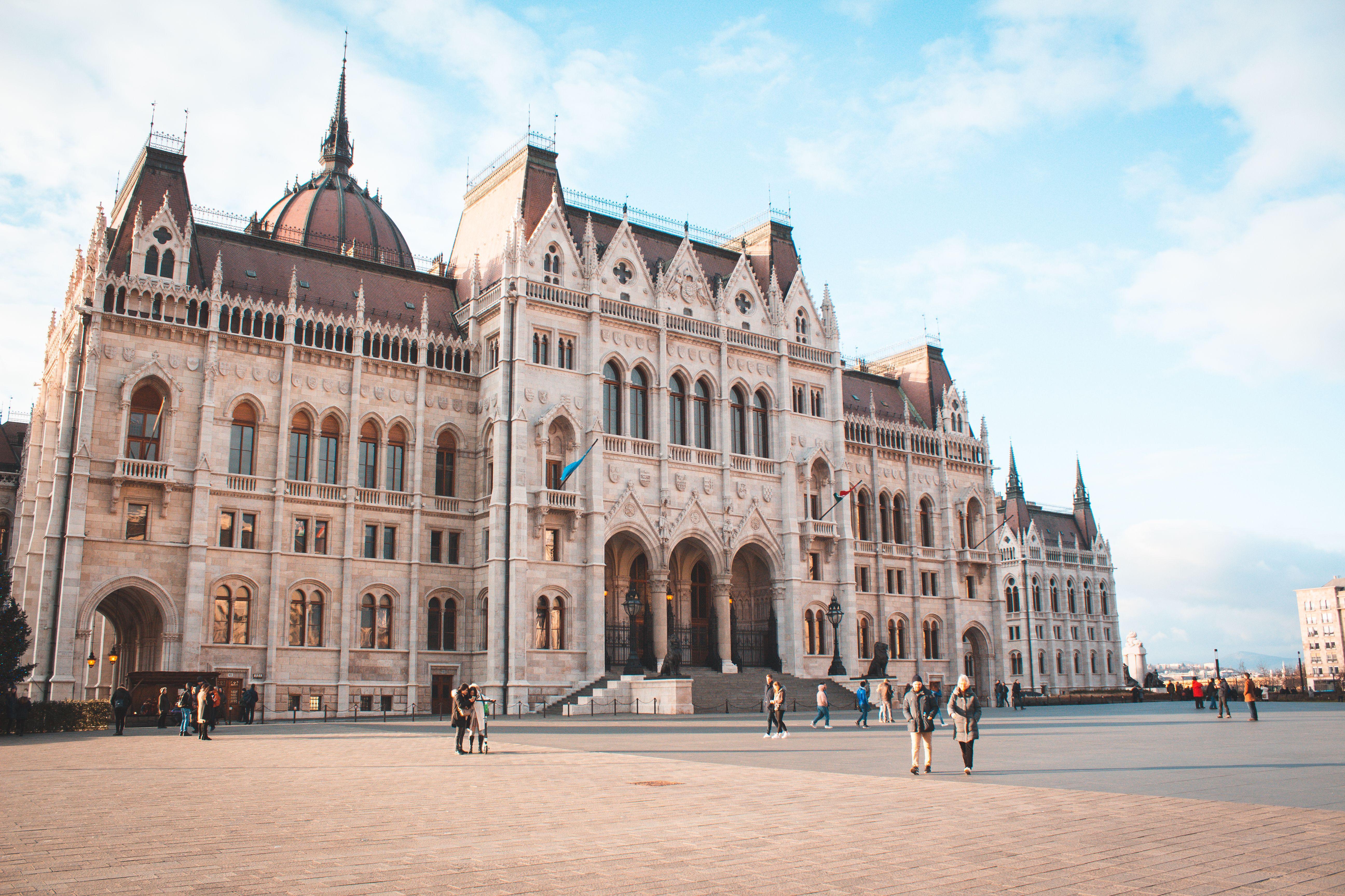 Exterior view of the Hungarian Parliament Building in Budapest, a famous architectural landmark.