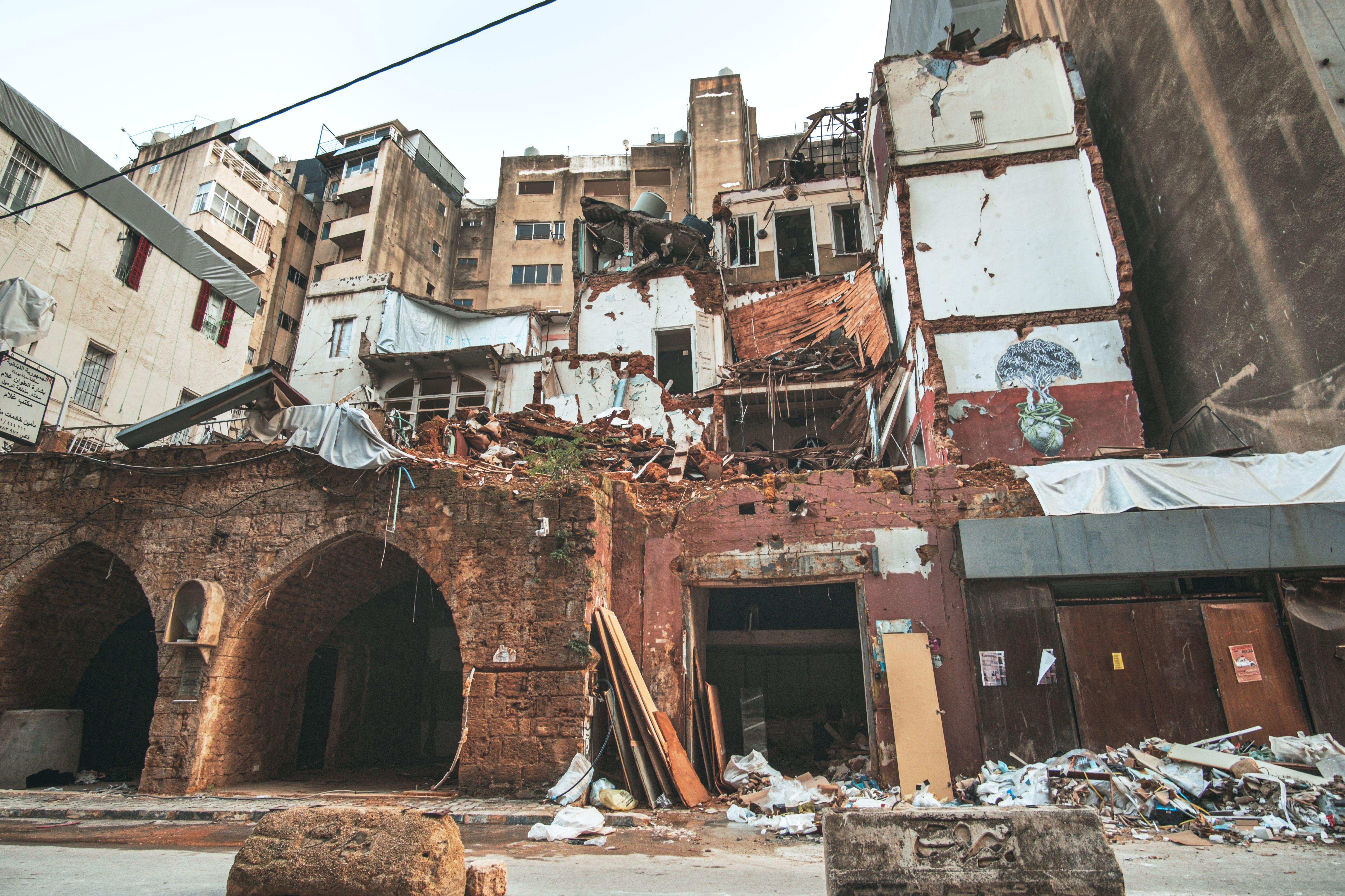 A striking view of damaged buildings in downtown Beirut, showcasing resilience amidst destruction.
