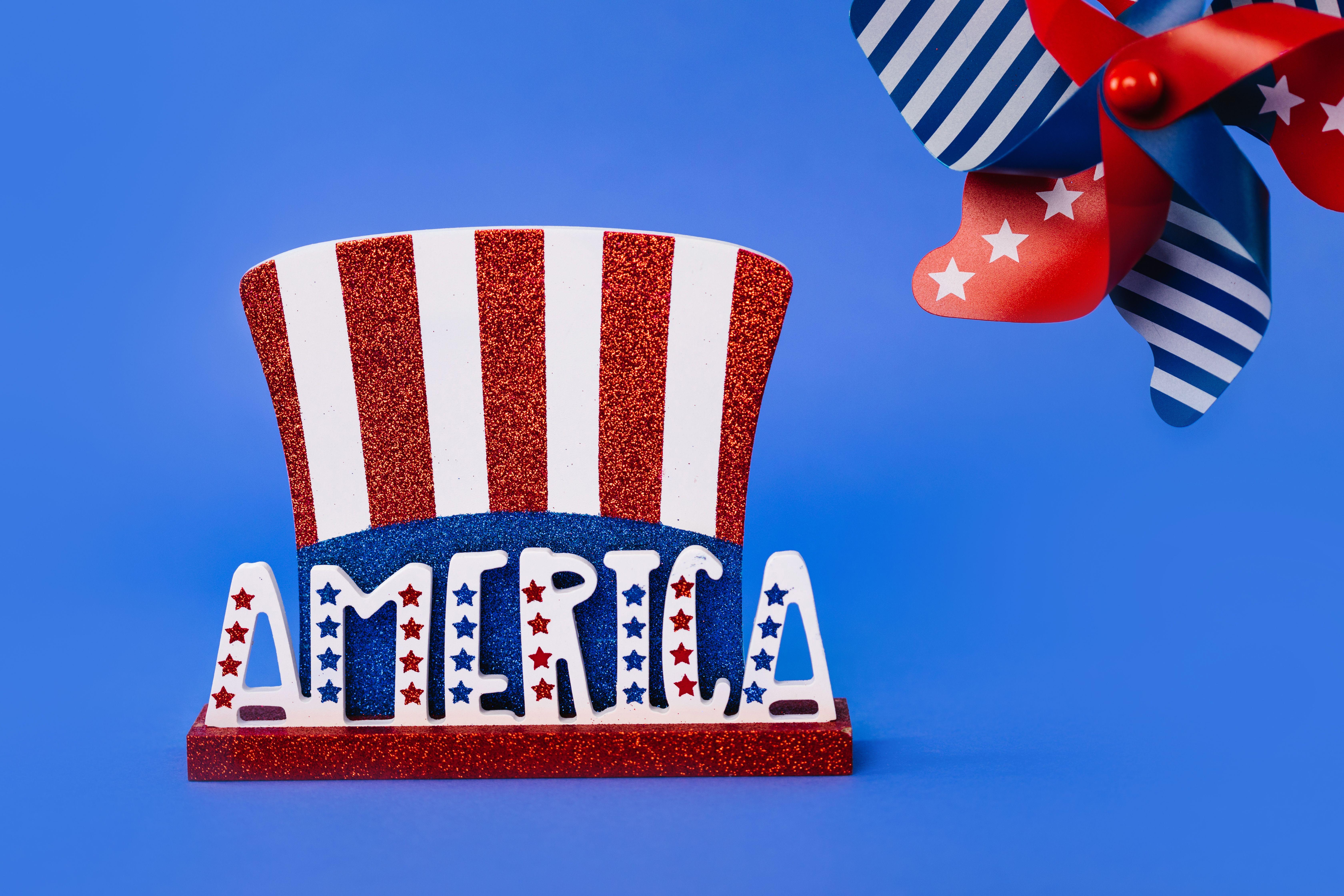 Red, white, and blue America-themed decor featuring stars and stripes on a vibrant blue background.