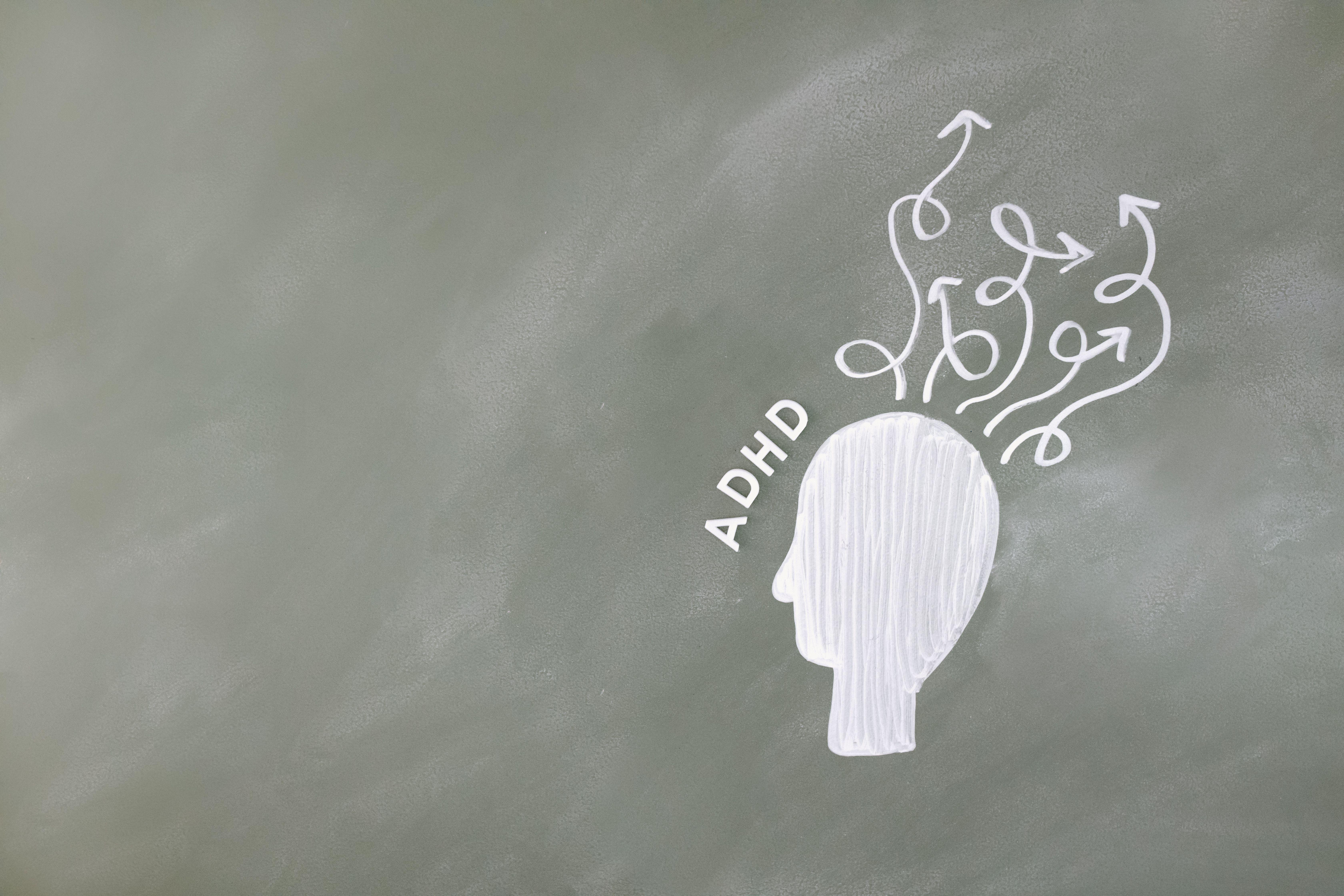 Illustration of ADHD and mental process with head-like outline on chalkboard.