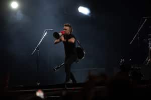 Musician with megaphone on stage during night concert, energizing the crowd.