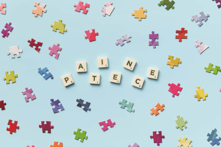 Scattered jigsaw puzzle pieces and Scrabble letters spelling 'PATIECE' on a light blue background.