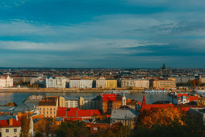 A breathtaking aerial view of Budapest with the Danube River and St. Stephen's Basilica.