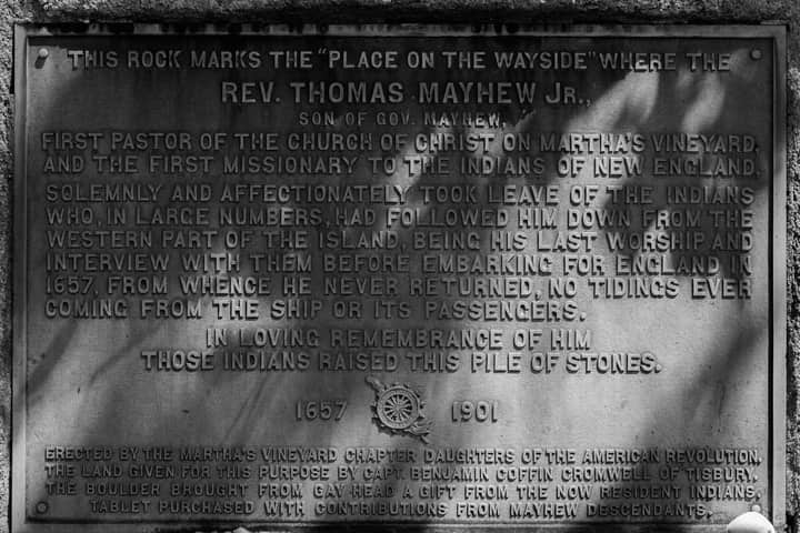 Plaque commemorating Rev. Thomas Mayhew Jr. on Martha's Vineyard in 1657, honoring his missionary work.