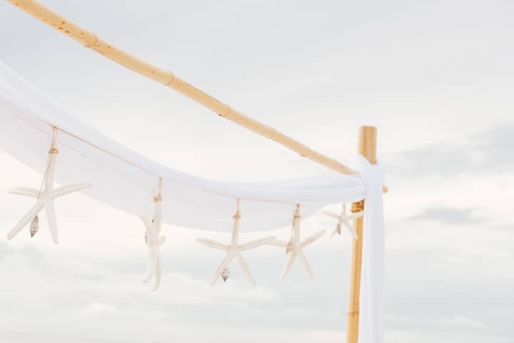 Elegant bamboo arch with starfish decor on a beach setting, exuding a serene coastal ambiance.