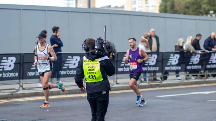 BBC captures London's iconic marathon as runners compete in the streets.