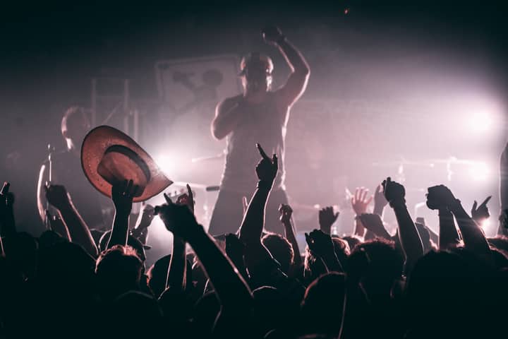 Silhouette of an energetic crowd enjoying a live concert with a performer on stage.