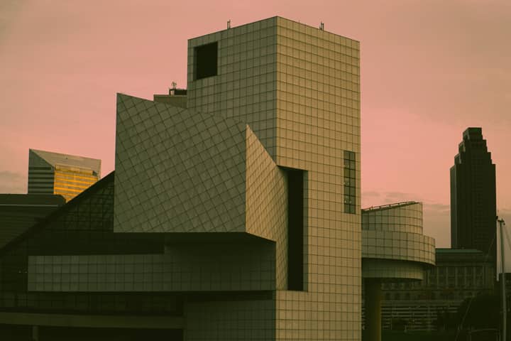 A stunning view of modern architecture with a geometric design in Cleveland, Ohio at sunset.