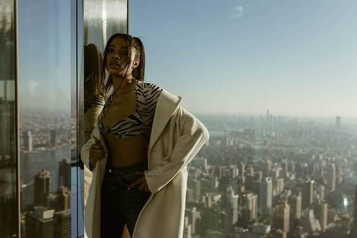 Fashionable woman posing with New York City skyline view, exuding modern elegance.