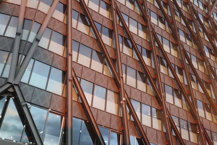 Close-up of a modern building's exterior showcasing intricate patterns in London.