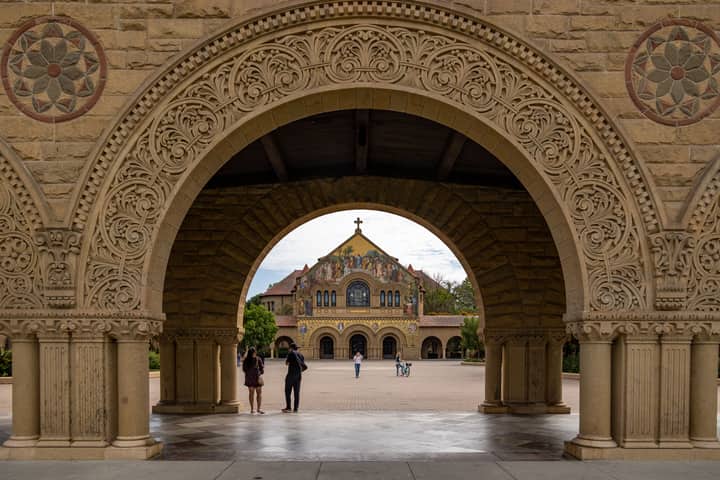 Intricate arches framing Stanford Memorial Church at Stanford University, California.