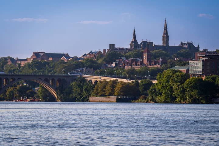 Scenic view of Key Memorial Bridge and Georgetown University over Potomac River in Washington DC.