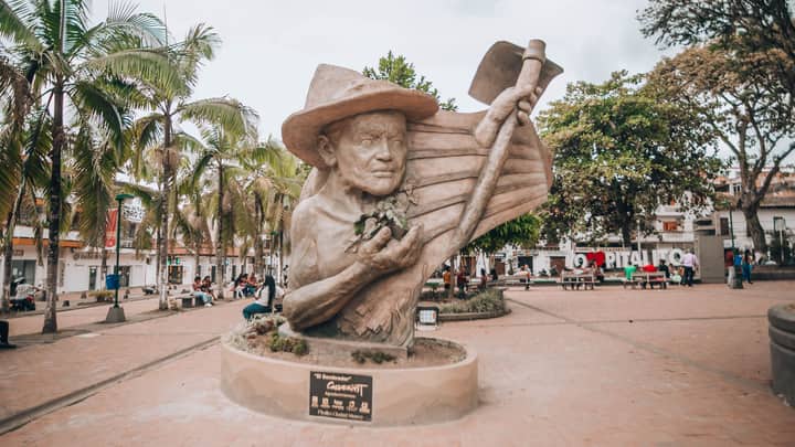 Bronze sculpture of El Sembrador in Roldanillo town square, Colombia.