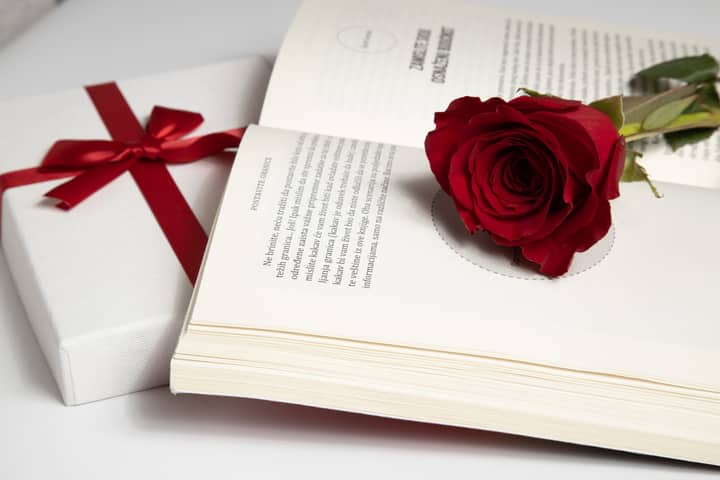 A red rose placed on an open book beside a gift box wrapped in ribbon, symbolizing romance and love.