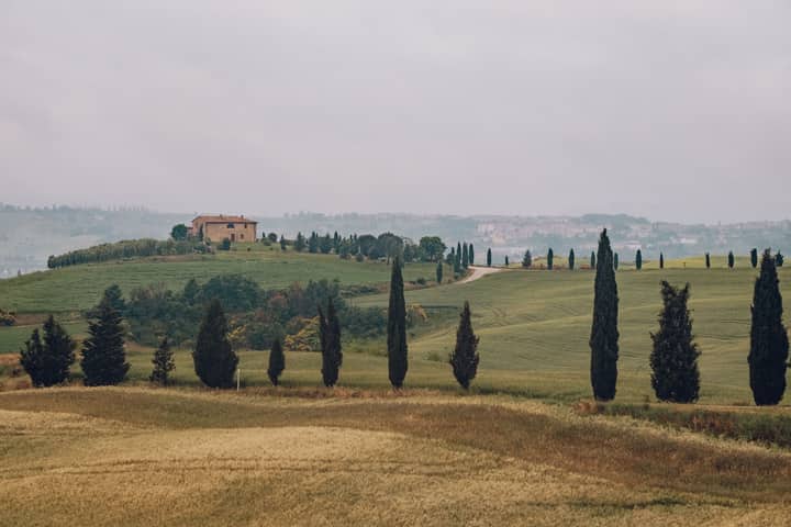 Overcast day in Tuscan hills featuring cypress trees and traditional stone house.