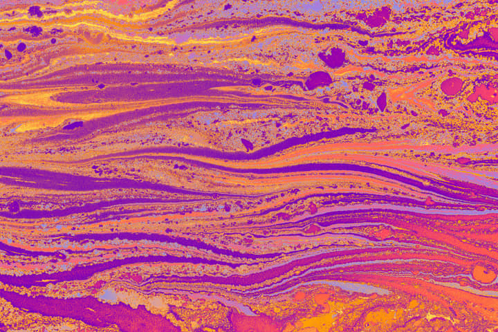 Bold and colorful abstract marble pattern with vibrant pink and orange tones.