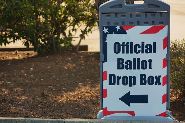 Photo of an official ballot drop box outside in Ferndale, WA, USA, during election season.